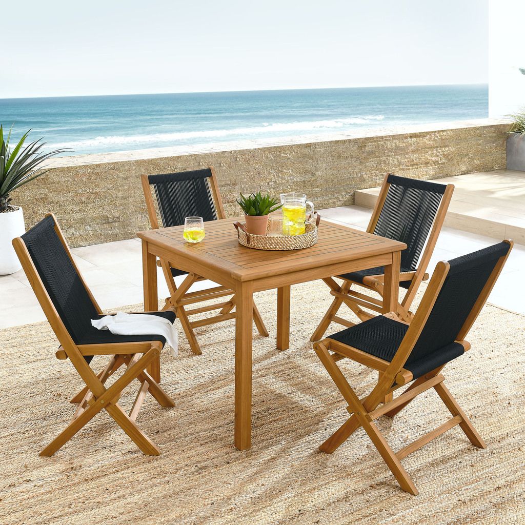 The appearance of Vienna 5-Piece Outdoor Patio Teak Wood Dining Set With Rope Folding Chairs In Natural Black designed by Modway in the modern / contemporary interior design. This natural black piece of furniture was selected by 1StopBedrooms from Vienna Collection to add a touch of cosiness and style into your home. Sku: EEI-6807-NAT-BLK;EEI-6814-NAT. Table Base Style: Legs. Table Top Shape: Square. Material: Teak Wood.