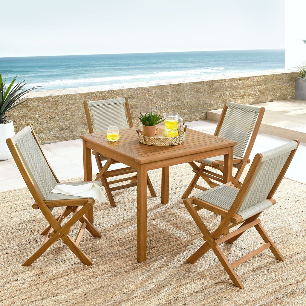 The appearance of Vienna 5-Piece Outdoor Patio Teak Wood Dining Set With Rope Folding Chairs In Natural designed by Modway in the modern / contemporary interior design. This natural piece of furniture was selected by 1StopBedrooms from Vienna Collection to add a touch of cosiness and style into your home. Sku: EEI-6807-NAT-NAT;EEI-6814-NAT. Table Base Style: Legs. Table Top Shape: Square. Material: Teak Wood.