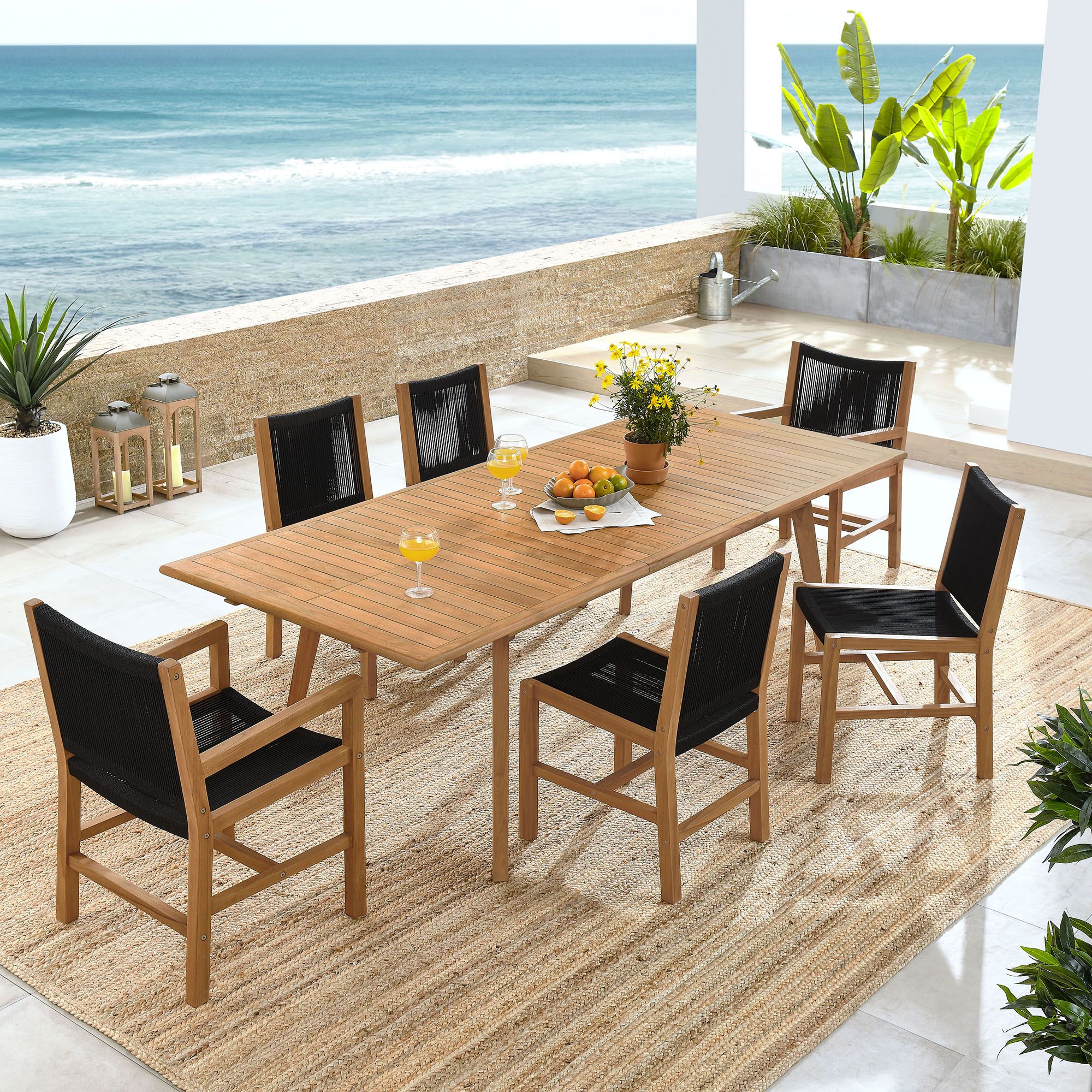 The appearance of Vienna 7-Piece Outdoor Patio Teak and Rope Dining Set In Natural and Black designed by Modway in the modern / contemporary interior design. This natural/black piece of furniture  was selected by 1StopBedrooms from Vienna Collection to add a touch of cosiness and style into your home. Sku: EEI-6805-NAT-BLK;EEI-6806-NAT-BLK;EEI-6813-NAT;EEI-6805-NAT-BLK. Material: Teak.
