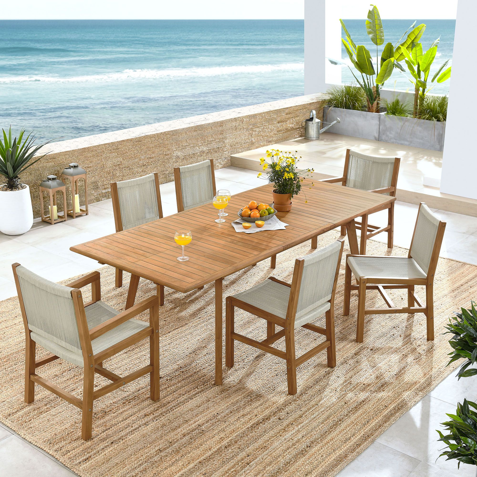 The appearance of Vienna 7-Piece Outdoor Patio Teak and Rope Dining Set In Natural designed by Modway in the modern / contemporary interior design. This natural piece of furniture was selected by 1StopBedrooms from Vienna Collection to add a touch of cosiness and style into your home. Sku: EEI-6805-NAT-NAT;EEI-6806-NAT-NAT;EEI-6813-NAT;EEI-6805-NAT-NAT. Material: Teak.