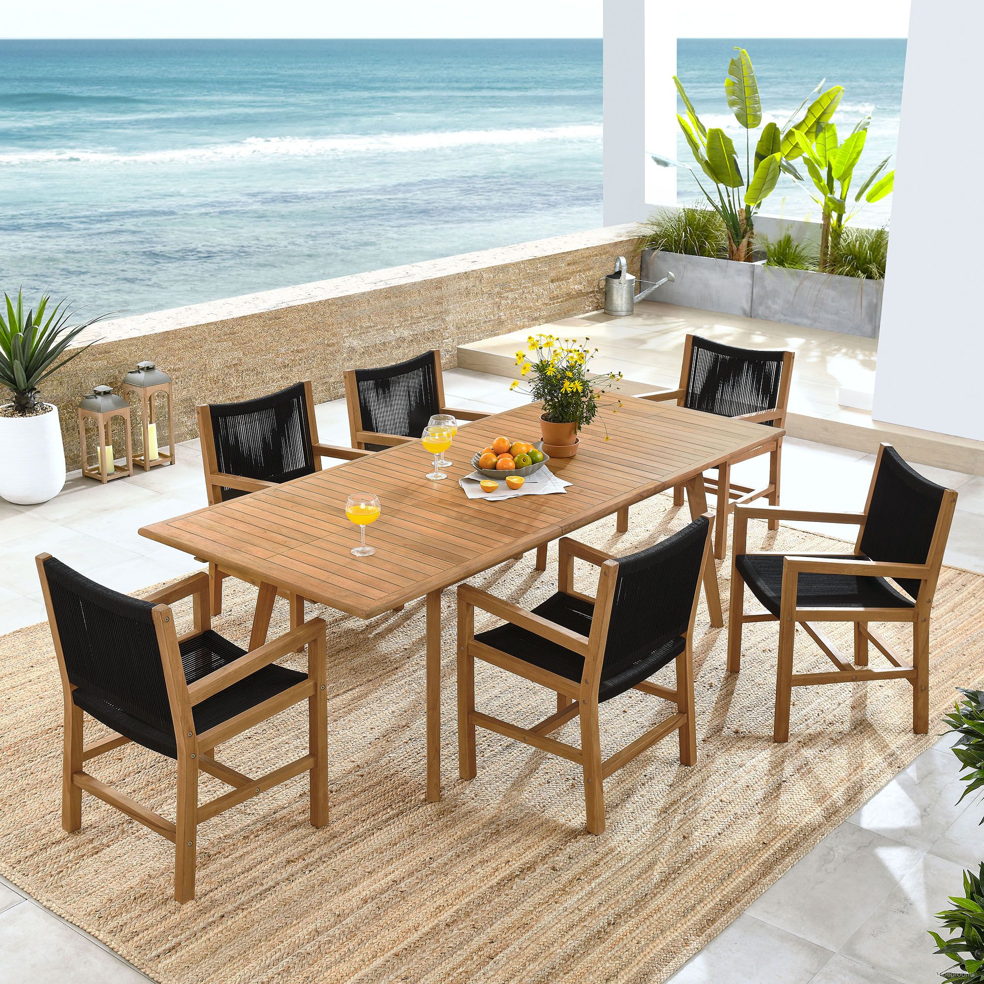 The appearance of Vienna 7-Piece Outdoor Patio Teak and Rope Dining Set with Armchairs In Natural and Black designed by Modway in the modern / contemporary interior design. This natural/black piece of furniture was selected by 1StopBedrooms from Vienna Collection to add a touch of cosiness and style into your home. Sku: EEI-6806-NAT-BLK;EEI-6813-NAT;EEI-6806-NAT-BLK;EEI-6806-NAT-BLK. Material: Teak.