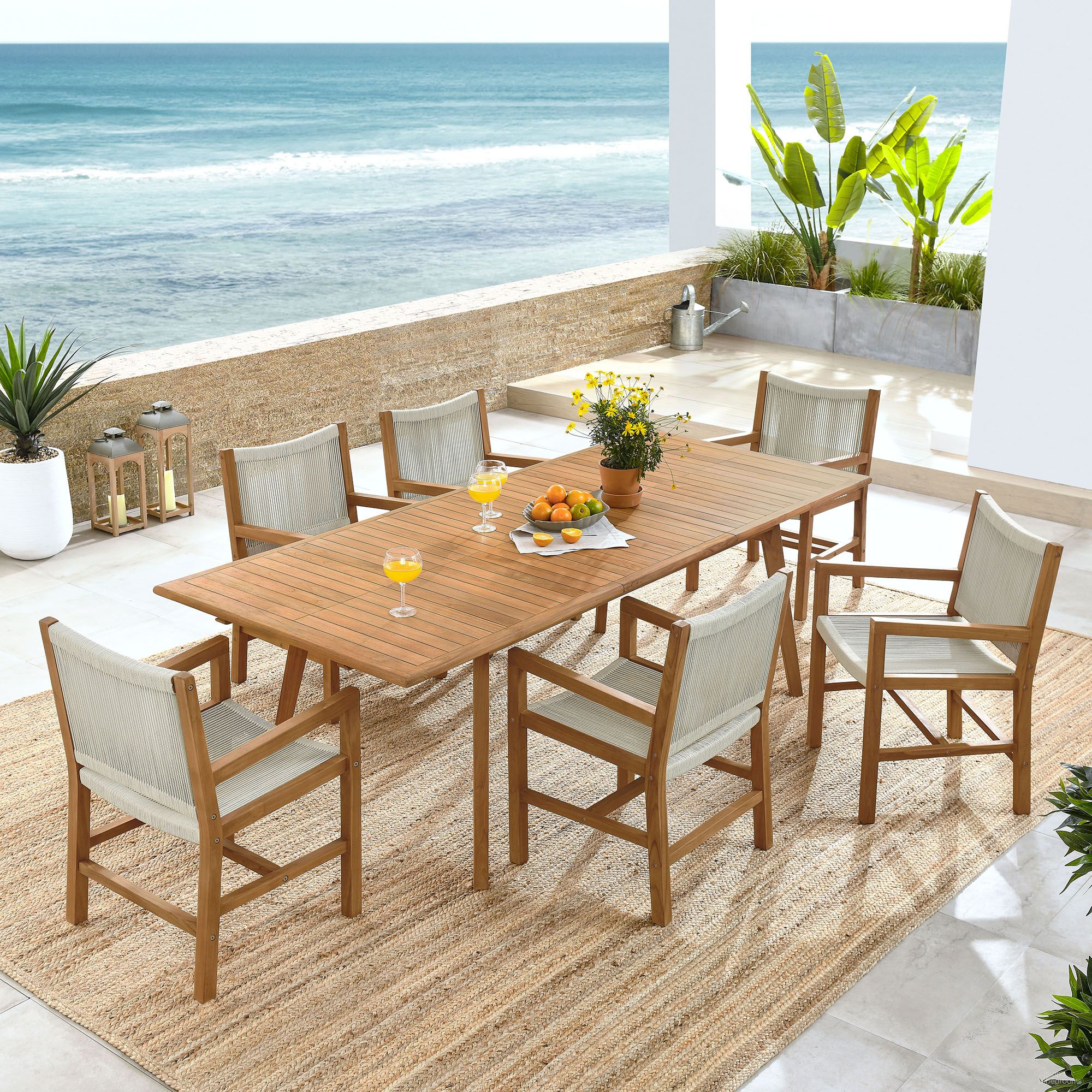 The appearance of Vienna 7-Piece Outdoor Patio Teak and Rope Dining Set with Armchairs In Natural designed by Modway in the modern / contemporary interior design. This natural piece of furniture  was selected by 1StopBedrooms from Vienna Collection to add a touch of cosiness and style into your home. Sku: EEI-6806-NAT-NAT;EEI-6813-NAT;EEI-6806-NAT-NAT;EEI-6806-NAT-NAT. Material: Teak.