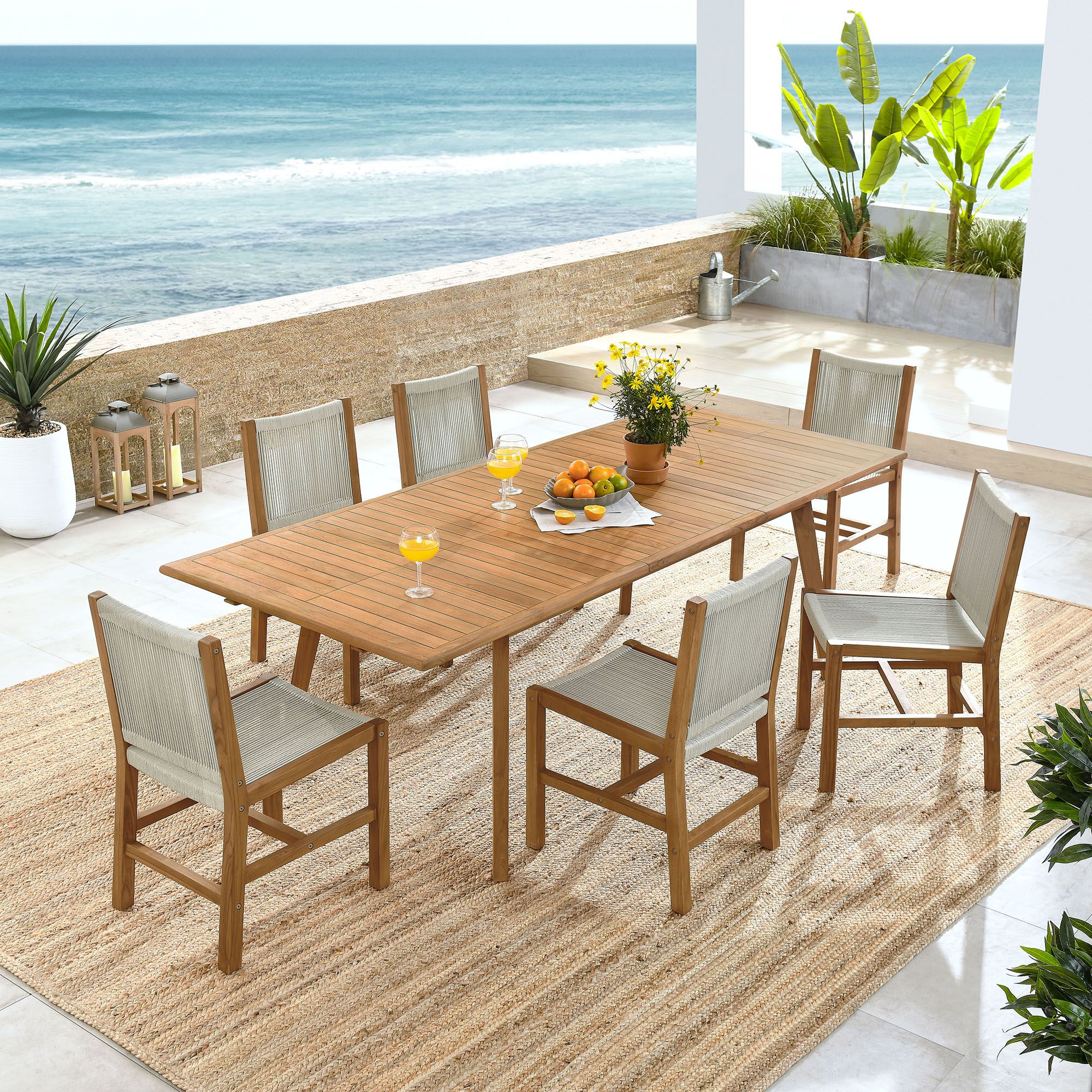 The appearance of Vienna 7-Piece Outdoor Patio Teak and Rope Dining Set with Armless Chairs In Natural designed by Modway in the modern / contemporary interior design. This natural piece of furniture  was selected by 1StopBedrooms from Vienna Collection to add a touch of cosiness and style into your home. Sku: EEI-6805-NAT-NAT;EEI-6813-NAT;EEI-6805-NAT-NAT;EEI-6805-NAT-NAT. Material: Teak.