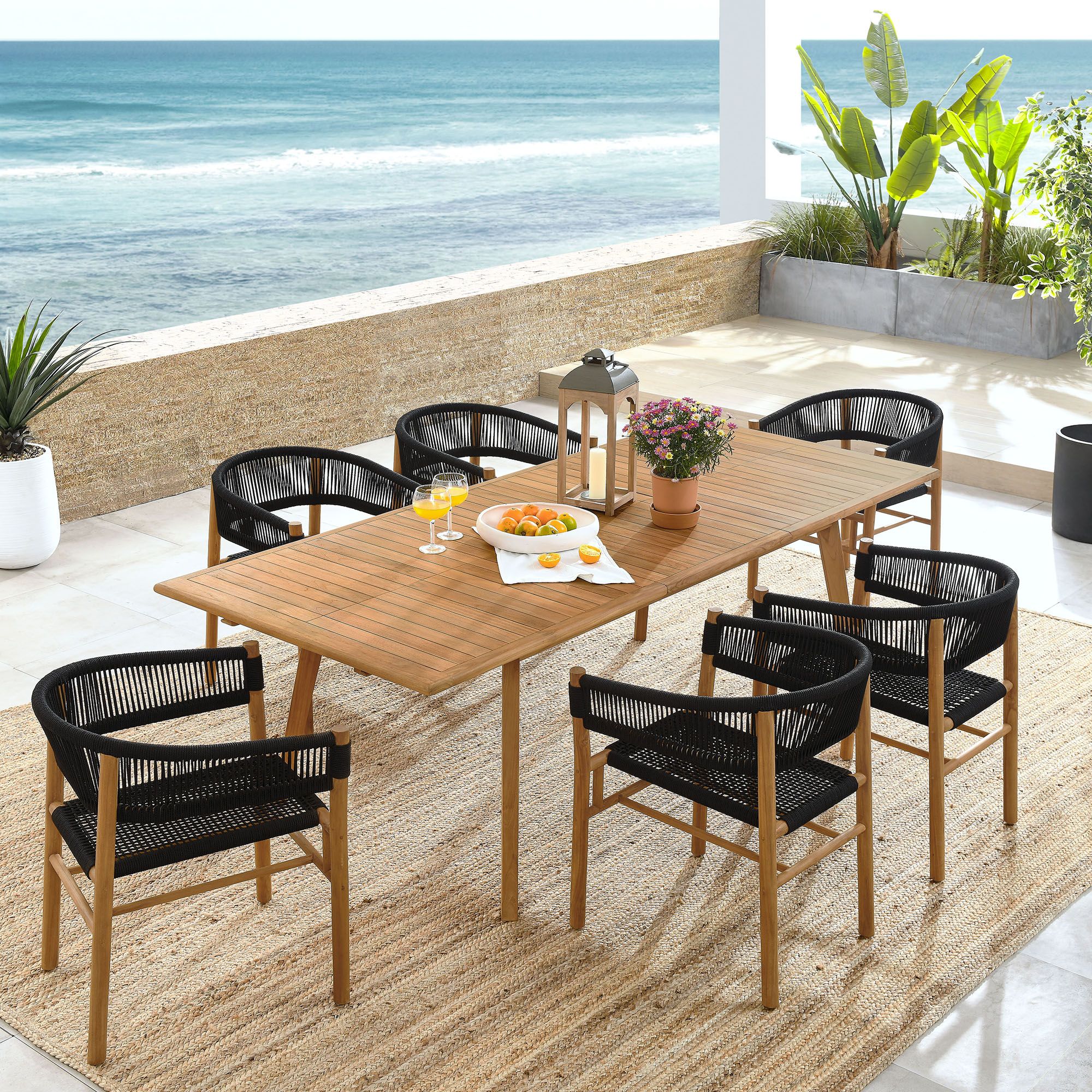 The appearance of Vienna 7-Piece Outdoor Patio Teak and Rope Dining Set with Curved-Back Armchairs In Natural and Black designed by Modway in the modern / contemporary interior design. This natural/black piece of furniture was selected by 1StopBedrooms from Vienna Collection to add a touch of cosiness and style into your home. Sku: EEI-6811-NAT-BLK;EEI-6813-NAT;EEI-6811-NAT-BLK;EEI-6811-NAT-BLK. Material: Teak.
