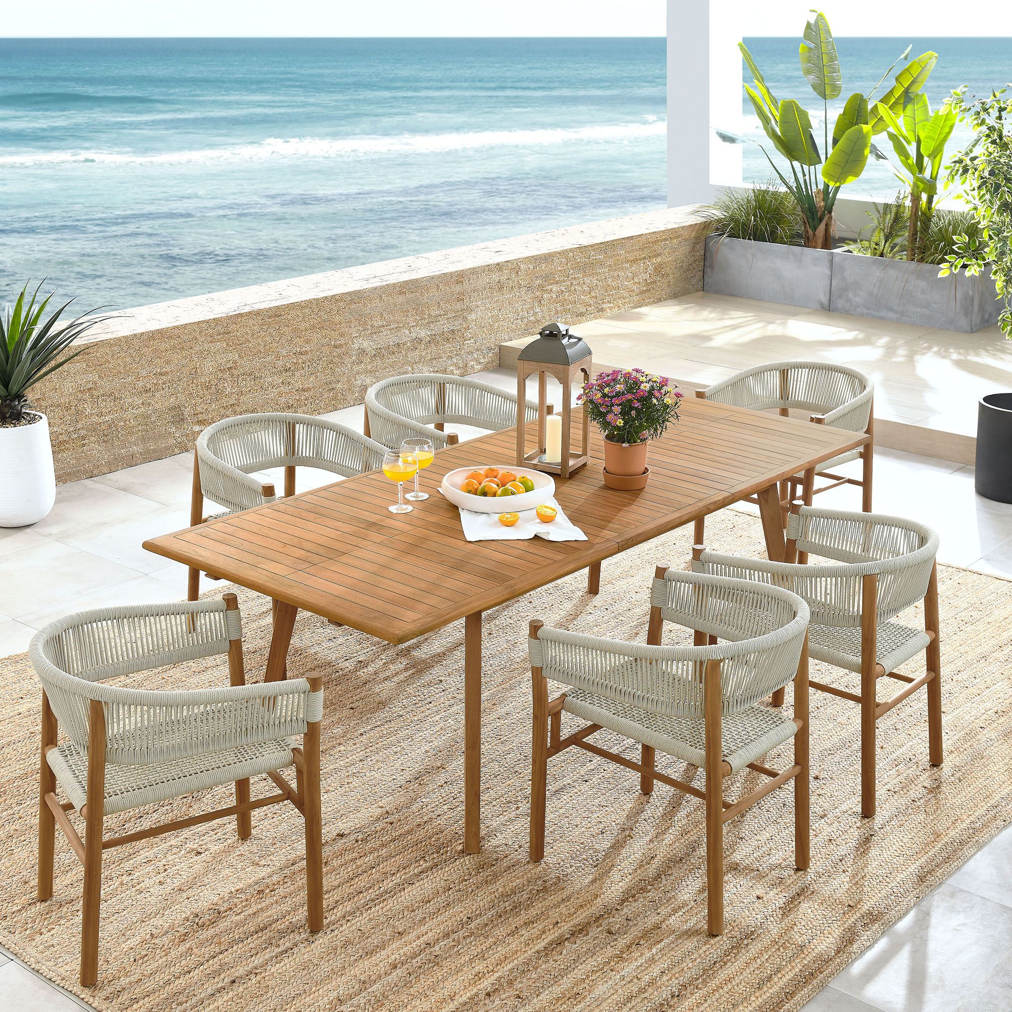 The appearance of Vienna 7-Piece Outdoor Patio Teak and Rope Dining Set with Curved-Back Armchairs In Natural designed by Modway in the modern / contemporary interior design. This natural piece of furniture  was selected by 1StopBedrooms from Vienna Collection to add a touch of cosiness and style into your home. Sku: EEI-6811-NAT-NAT;EEI-6813-NAT;EEI-6811-NAT-NAT;EEI-6811-NAT-NAT. Material: Teak.