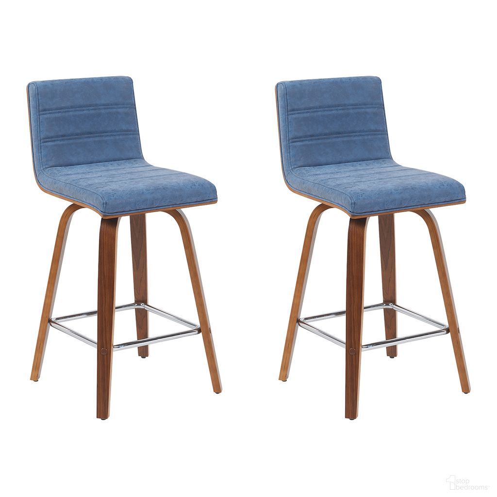 The appearance of Vienna Counter Height Swivel Bar Stool Set of 2 In Vintage Blue and Walnut designed by Armen Living in the modern / contemporary interior design. This vintage blue/walnut piece of furniture was selected by 1StopBedrooms from Vienna Collection to add a touch of cosiness and style into your home. Sku: LCVIBAVBLUWA26;LCVIBAVBLUWA26. Material: Faux Leather.