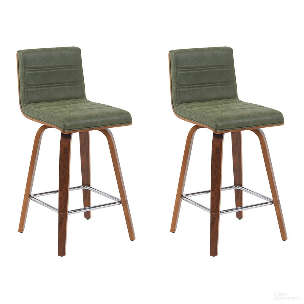 The appearance of Vienna Counter Height Swivel Bar Stool Set of 2 In Vintage Green and Walnut designed by Armen Living in the modern / contemporary interior design. This vintage green/walnut piece of furniture  was selected by 1StopBedrooms from Vienna Collection to add a touch of cosiness and style into your home. Sku: LCVIBAVGNWA26;LCVIBAVGNWA26. Material: Faux Leather.