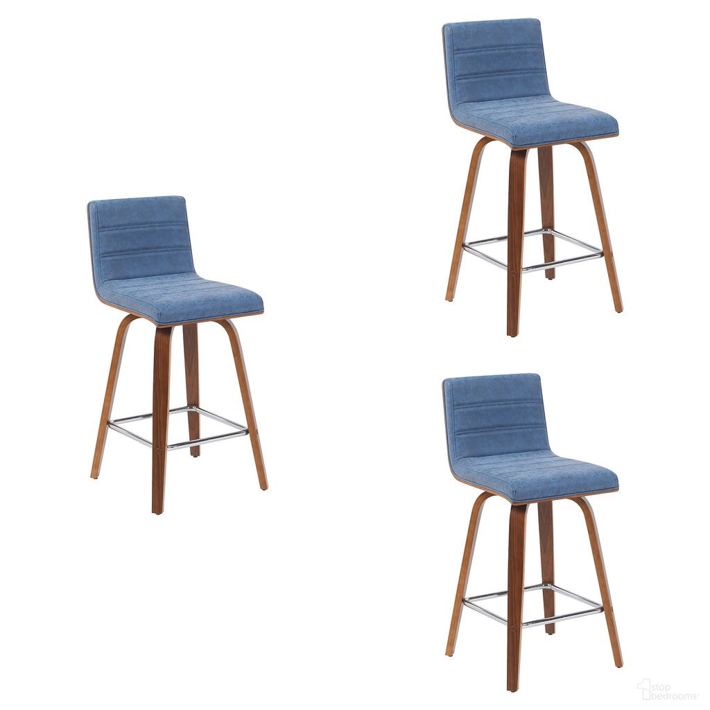 Vienna Counter Height Swivel Bar Stool Set of 3 In Vintage Blue and Walnut