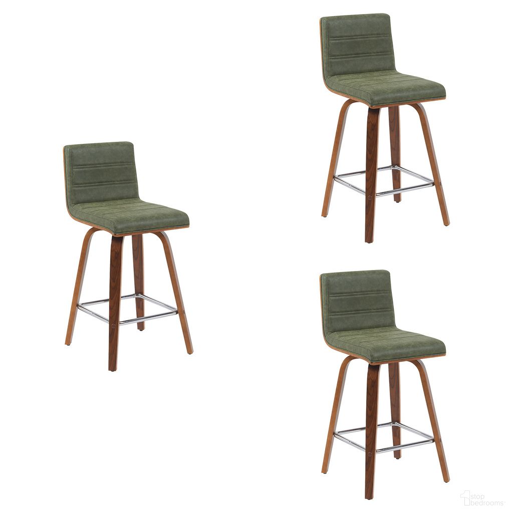The appearance of Vienna Counter Height Swivel Bar Stool Set of 3 In Vintage Green and Walnut designed by Armen Living in the modern / contemporary interior design. This vintage green/walnut piece of furniture  was selected by 1StopBedrooms from Vienna Collection to add a touch of cosiness and style into your home. Sku: LCVIBAVGNWA26;LCVIBAVGNWA26;LCVIBAVGNWA26. Material: Faux Leather.