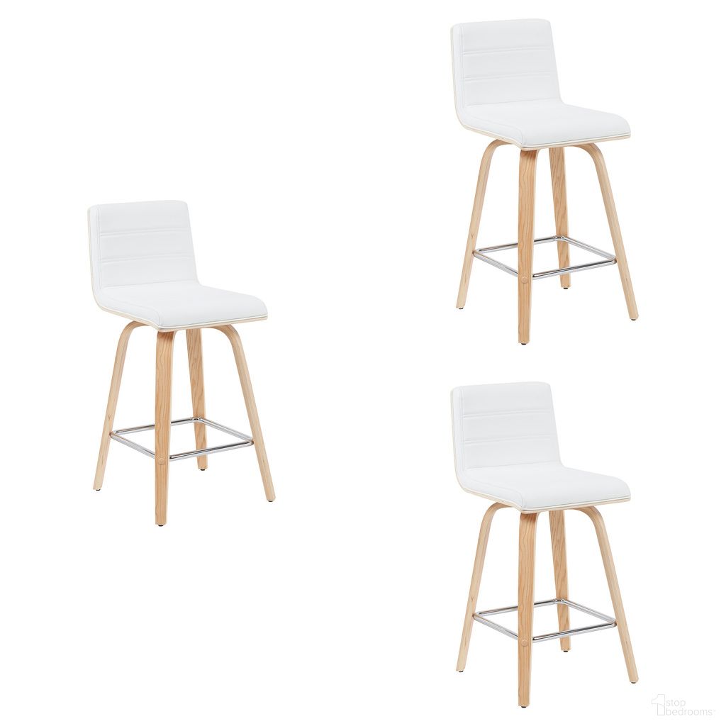 The appearance of Vienna Counter Height Swivel Bar Stool Set of 3 In White and Patterned Oak designed by Armen Living in the modern / contemporary interior design. This white and patterned oak piece of furniture was selected by 1StopBedrooms from Vienna Collection to add a touch of cosiness and style into your home. Sku: LCVIBAWHPO26;LCVIBAWHPO26;LCVIBAWHPO26. Material: Faux Leather.