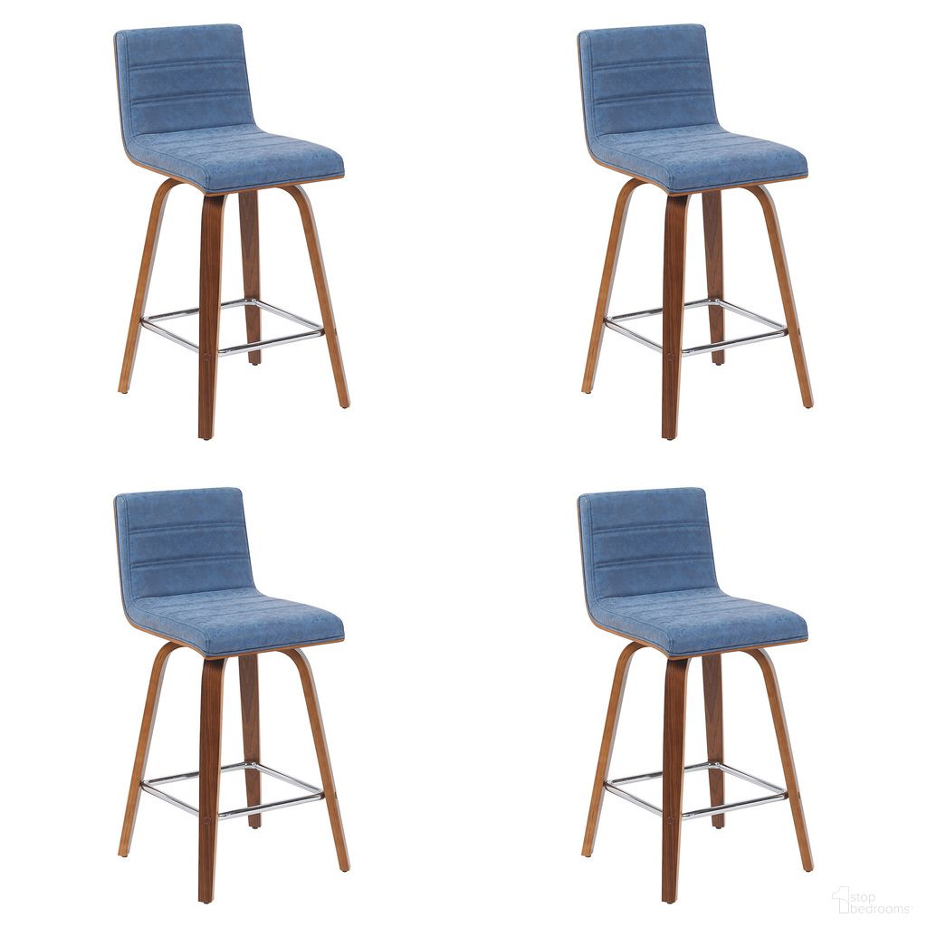 The appearance of Vienna Counter Height Swivel Bar Stool Set of 4 In Vintage Blue and Walnut designed by Armen Living in the modern / contemporary interior design. This vintage blue/walnut piece of furniture was selected by 1StopBedrooms from Vienna Collection to add a touch of cosiness and style into your home. Sku: LCVIBAVBLUWA26;LCVIBAVBLUWA26;LCVIBAVBLUWA26;LCVIBAVBLUWA26. Material: Faux Leather.