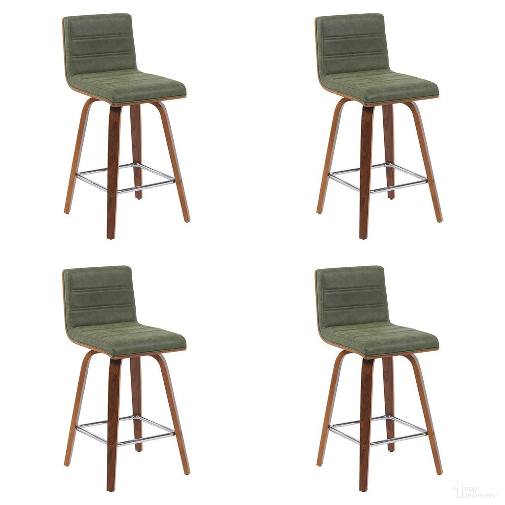 The appearance of Vienna Counter Height Swivel Bar Stool Set of 4 In Vintage Green and Walnut designed by Armen Living in the modern / contemporary interior design. This vintage green/walnut piece of furniture  was selected by 1StopBedrooms from Vienna Collection to add a touch of cosiness and style into your home. Sku: LCVIBAVGNWA26;LCVIBAVGNWA26;LCVIBAVGNWA26;LCVIBAVGNWA26. Material: Faux Leather.