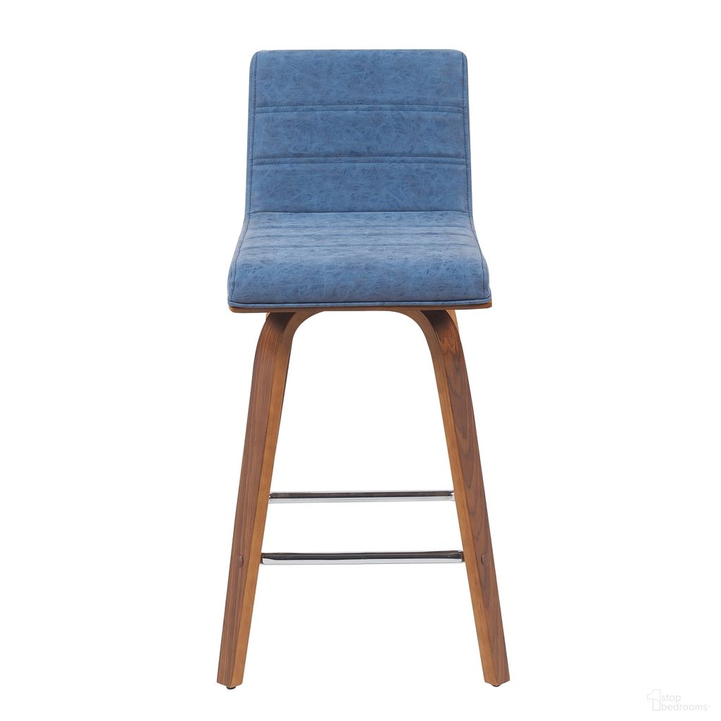 The appearance of Vienna Counter Height Swivel Barstool with Upholstered Seat and Wood Frame In Vintage Blue and Walnut designed by Armen Living in the modern / contemporary interior design. This vintage blue/walnut piece of furniture  was selected by 1StopBedrooms from Vienna Collection to add a touch of cosiness and style into your home. Sku: LCVIBAVBLUWA26. Material: Faux Leather.