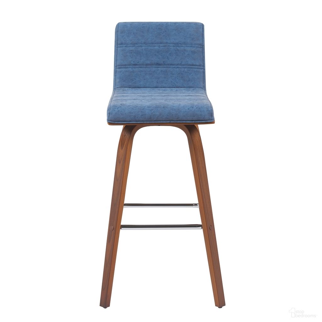 Vienna Swivel Bar Height Stool with Upholstered Seat and Wood Frame In Vintage Blue and Walnut