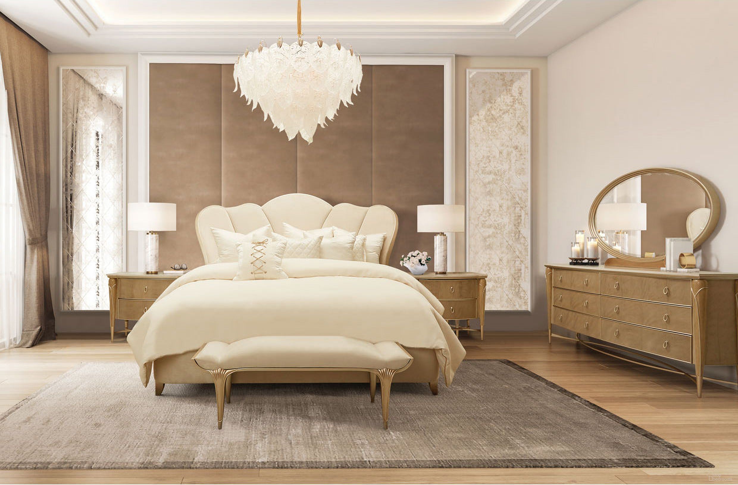 The appearance of Villa Caramel Bedroom Set designed by Michael Amini in the transitional interior design. This caramel piece of furniture was selected by 1StopBedrooms from Villa Collection to add a touch of cosiness and style into your home. Sku: N9008012-134;N9008040-134;N9008132-134;9000238-00. Bed Type: Panel Bed. Material: Polyester. Bed Size: Queen.
