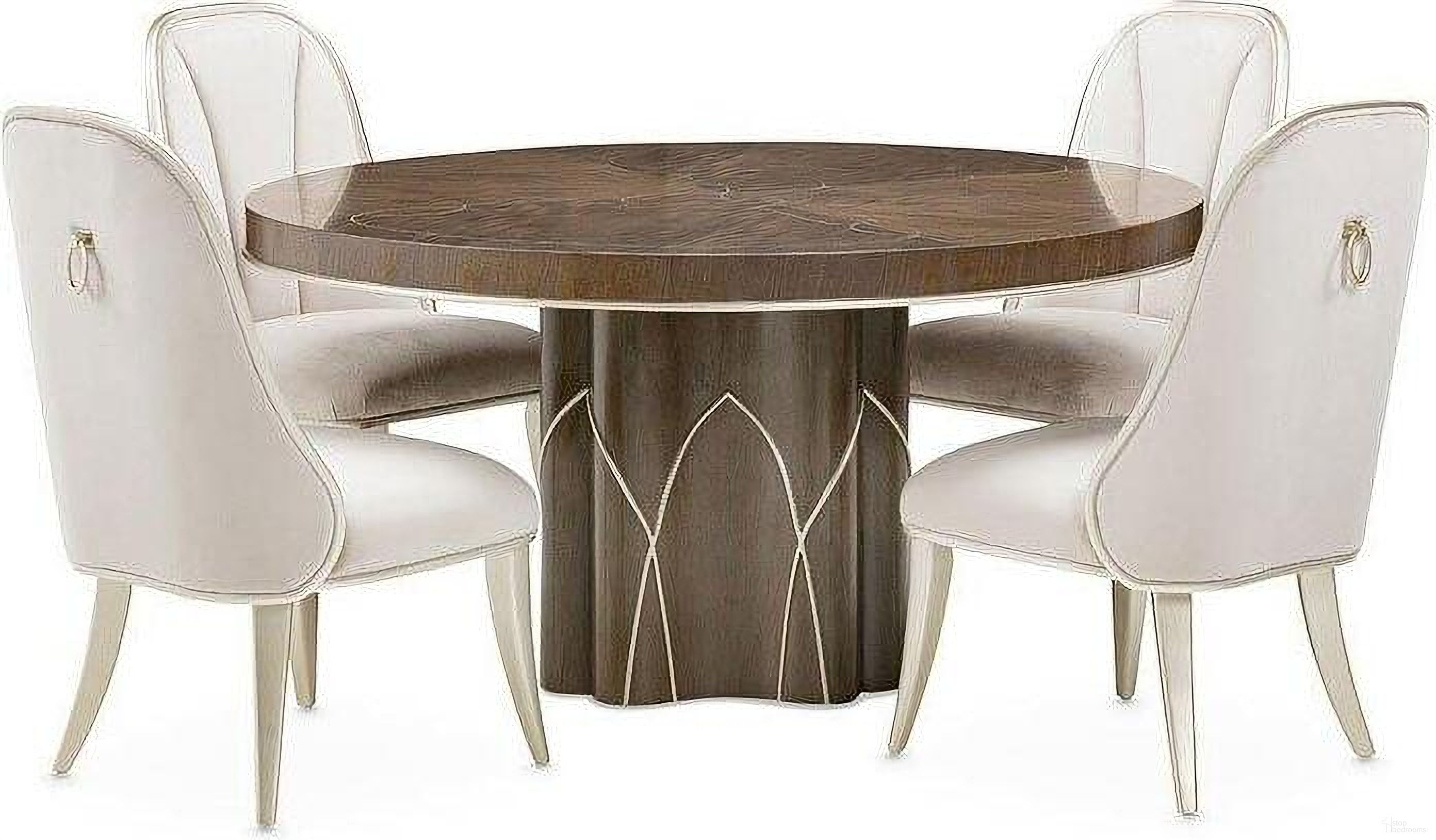 The appearance of Villa Cherie Hazelnut Round Dining Room Set designed by Michael Amini in the transitional interior design. This hazelnut piece of furniture  was selected by 1StopBedrooms from Villa Collection to add a touch of cosiness and style into your home. Sku: N9008001T-410;N9008001B-410;N9008003-410. Table Base Style: Pedestal. Table Top Shape: Round. Material: Polyester. Size: 60".
