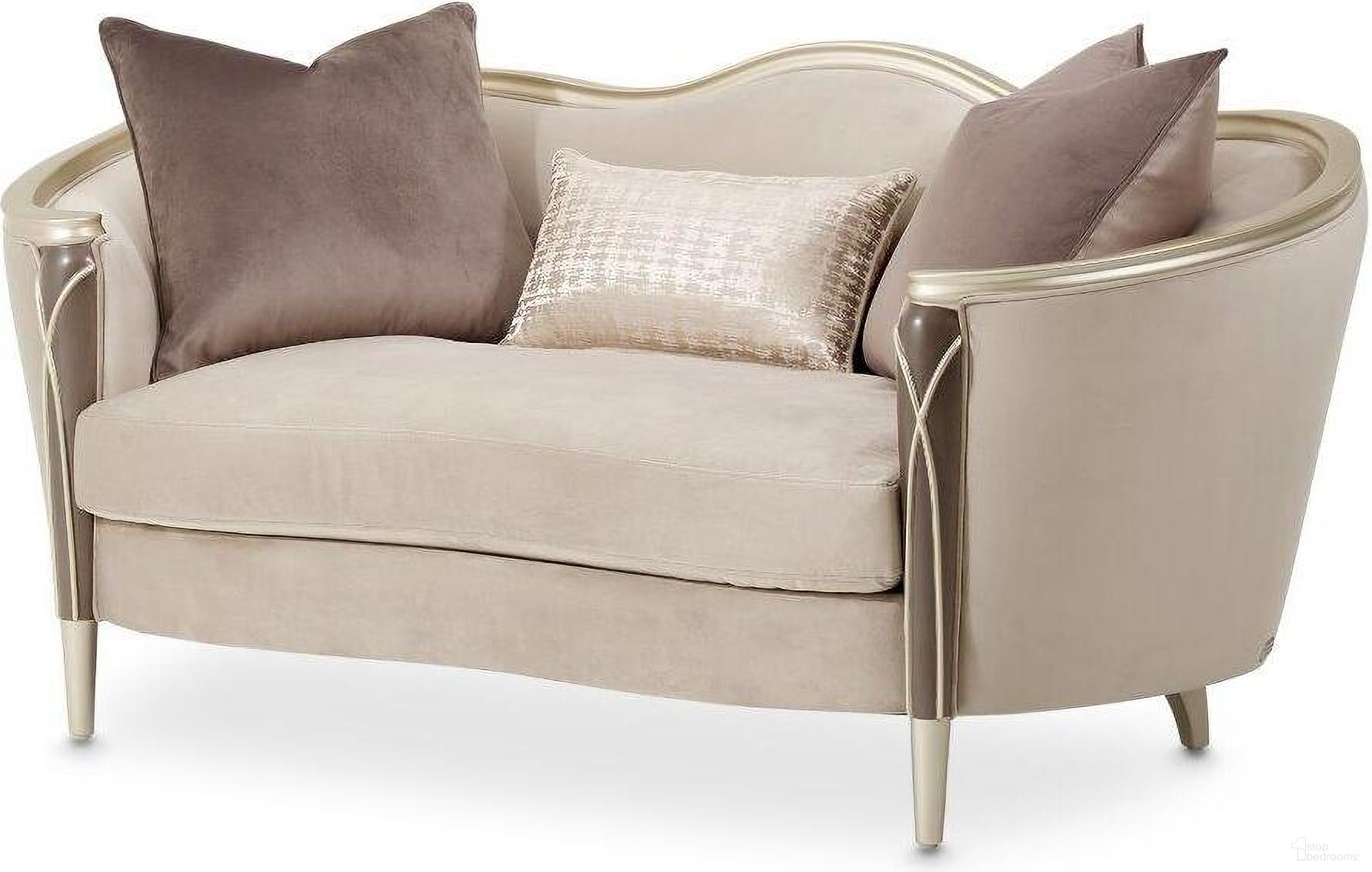 The appearance of Villa Cherie Loveseat In Porcini/Hazelnut designed by Michael Amini in the transitional interior design. This hazelnut piece of furniture  was selected by 1StopBedrooms from Villa Collection to add a touch of cosiness and style into your home. Sku: N9008825-PRCNI-410. Material: Polyester.