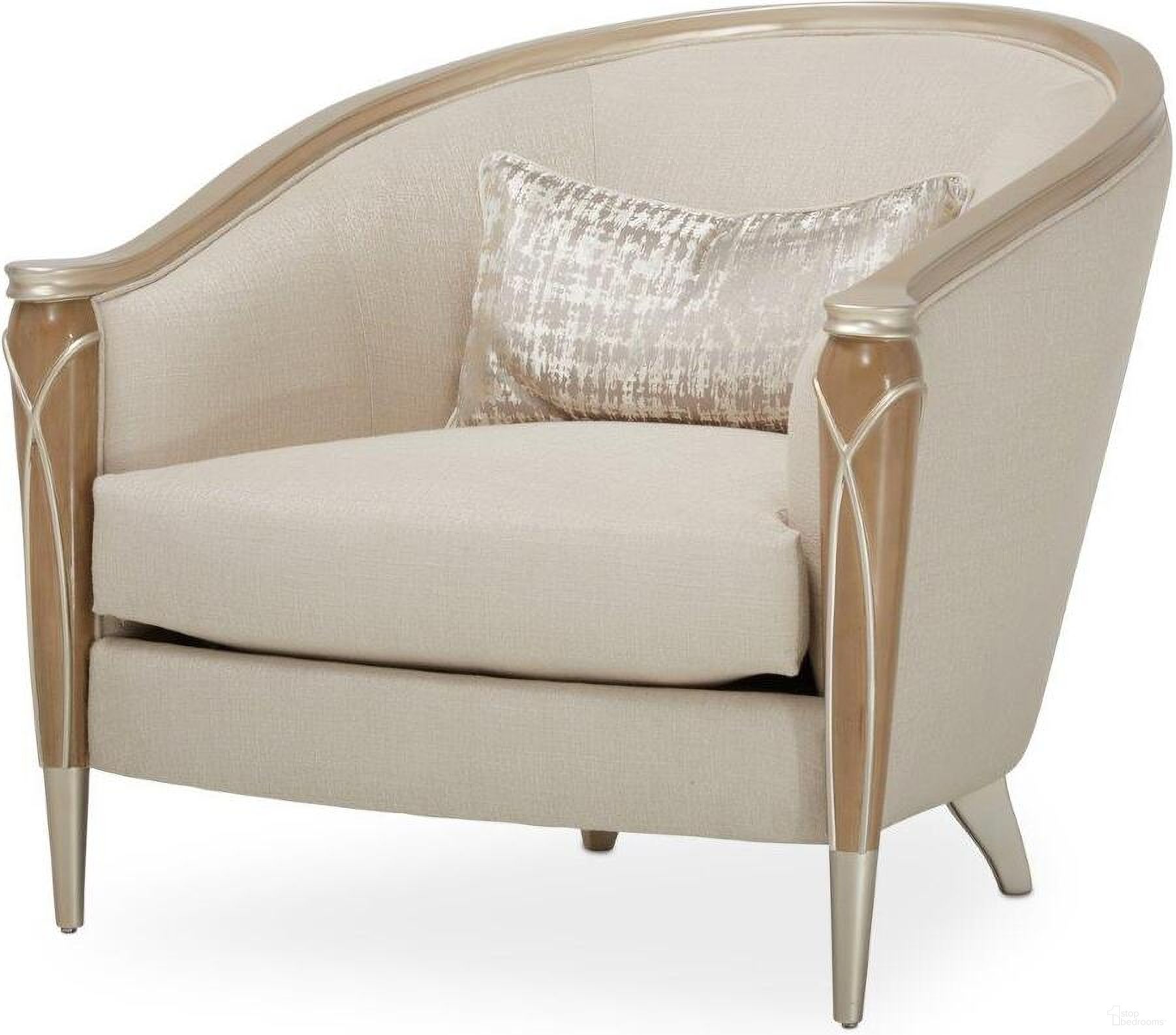 The appearance of Villa Cherie Matching Chair In Pearl/Caramel designed by Michael Amini in the transitional interior design. This caramel piece of furniture  was selected by 1StopBedrooms from Villa Collection to add a touch of cosiness and style into your home. Sku: N9008835-PEARL-134. Material: Polyester.