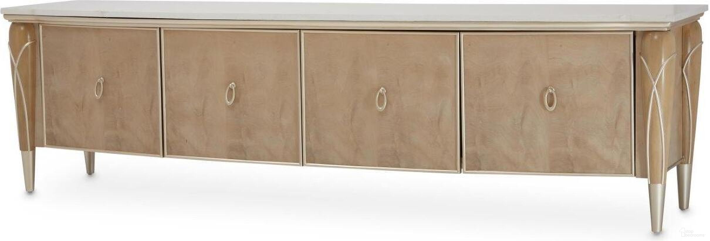 The appearance of Villa Cherie Media Cabinet In Caramel designed by Michael Amini in the transitional interior design. This caramel piece of furniture was selected by 1StopBedrooms from Villa Collection to add a touch of cosiness and style into your home. Sku: N9008081-134. Material: Marble.