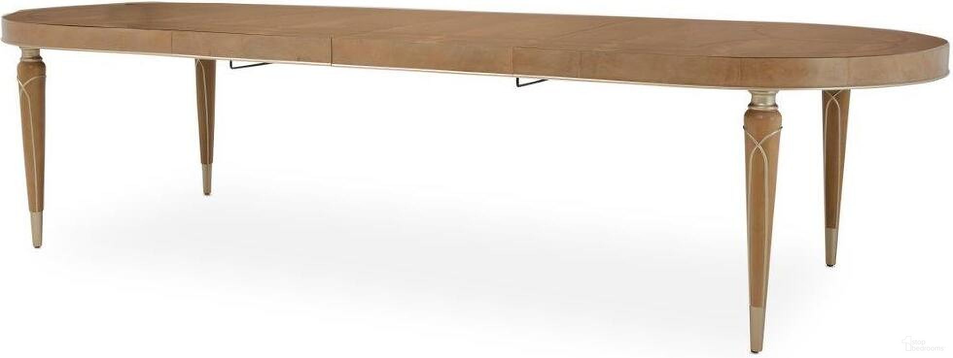 The appearance of Villa Cherie Oval Dining Table In Caramel designed by Michael Amini in the transitional interior design. This caramel piece of furniture  was selected by 1StopBedrooms from Villa Collection to add a touch of cosiness and style into your home. Sku: N9008000-134. Table Base Style: Legs. Table Top Shape: Oval. Material: Polyester. Size: 46" x 80".