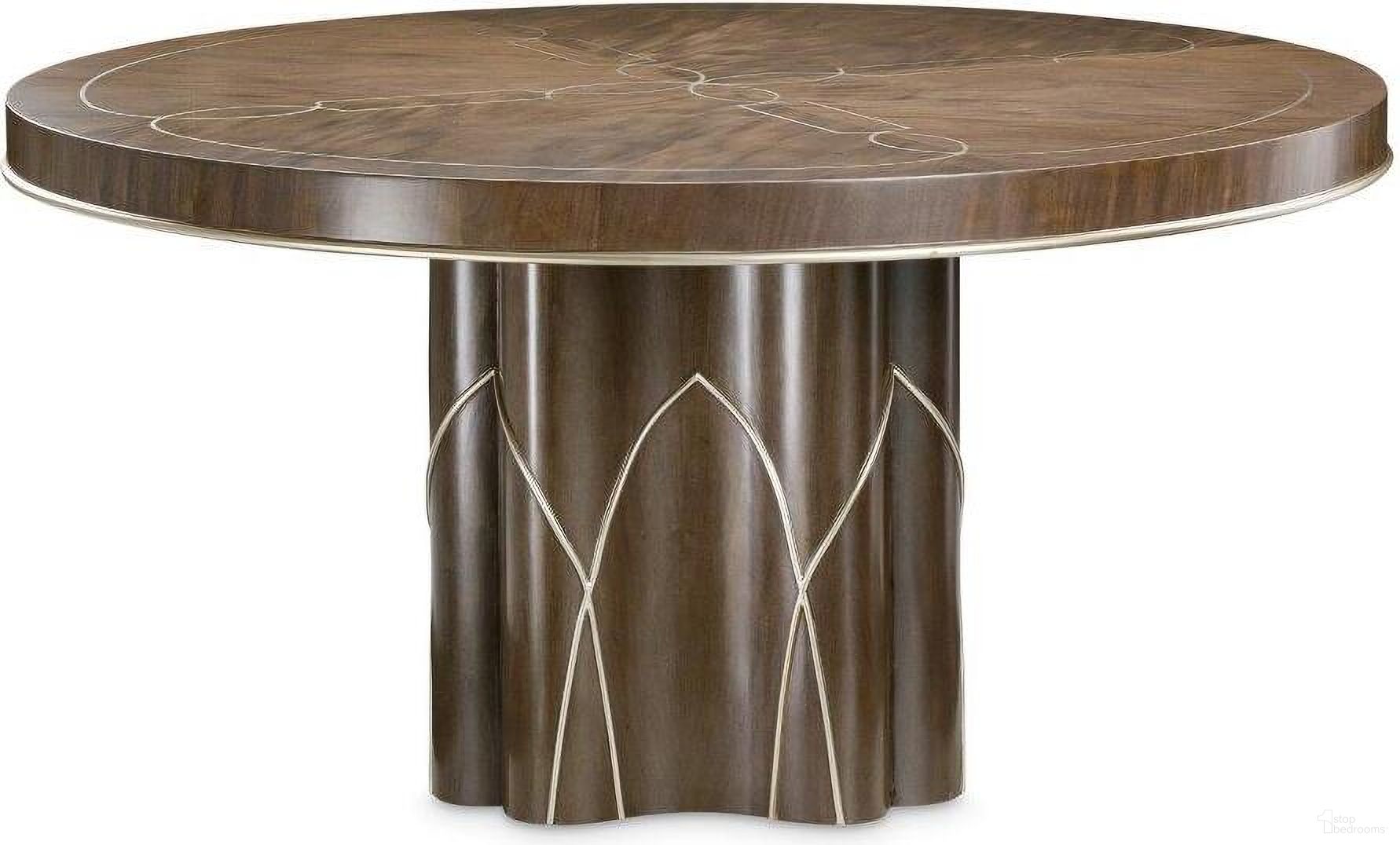 The appearance of Villa Cherie Round Dining Table In Hazelnut designed by Michael Amini in the transitional interior design. This hazelnut piece of furniture was selected by 1StopBedrooms from Villa Collection to add a touch of cosiness and style into your home. Sku: N9008001T-410;N9008001B-410. Table Base Style: Pedestal. Table Top Shape: Round. Material: Polyester. Size: 60".