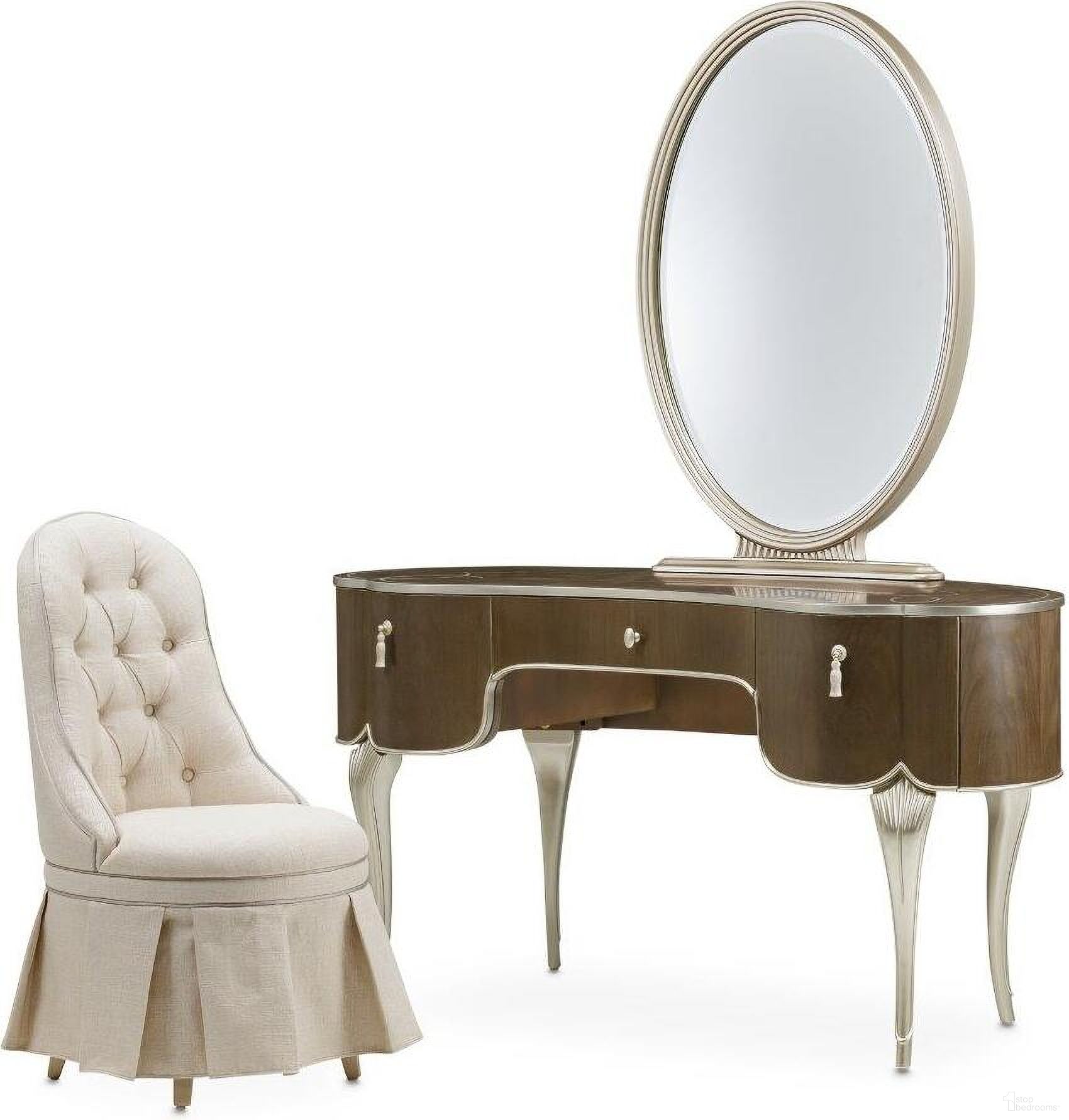 The appearance of Villa Cherie Vanity Set With Mirror And Chair In Hazelnut designed by Michael Amini in the transitional interior design. This hazelnut piece of furniture was selected by 1StopBedrooms from Villa Collection to add a touch of cosiness and style into your home. Sku: N9008058-410;N9008068-822;N9008804-000. Material: Polyester.
