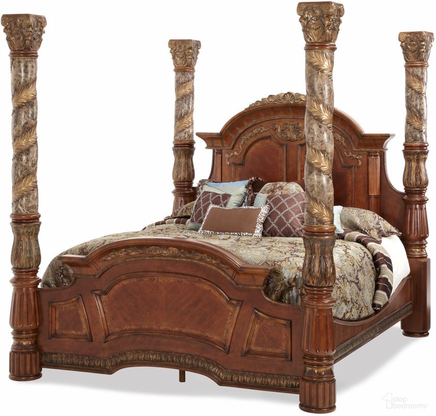 The appearance of Villa Valencia California King Poster Bed 72000CKCAN-55 designed by Michael Amini in the traditional interior design. This chestnut piece of furniture was selected by 1StopBedrooms from Villa Valencia Collection to add a touch of cosiness and style into your home. Sku: 72015T-55;72015B-55;72025-55;72035-55;72135-55;72315-55;72325-55. Bed Type: Poster Bed. Material: Wood. Bed Size: California King.