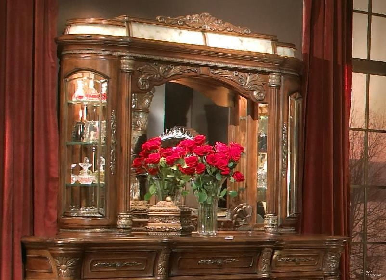 The appearance of Villa Valencia Dresser Mirror designed by Michael Amini in the traditional interior design. This brown piece of furniture  was selected by 1StopBedrooms from Villa Valencia Collection to add a touch of cosiness and style into your home. Sku: 72060-55. Material: Glass.