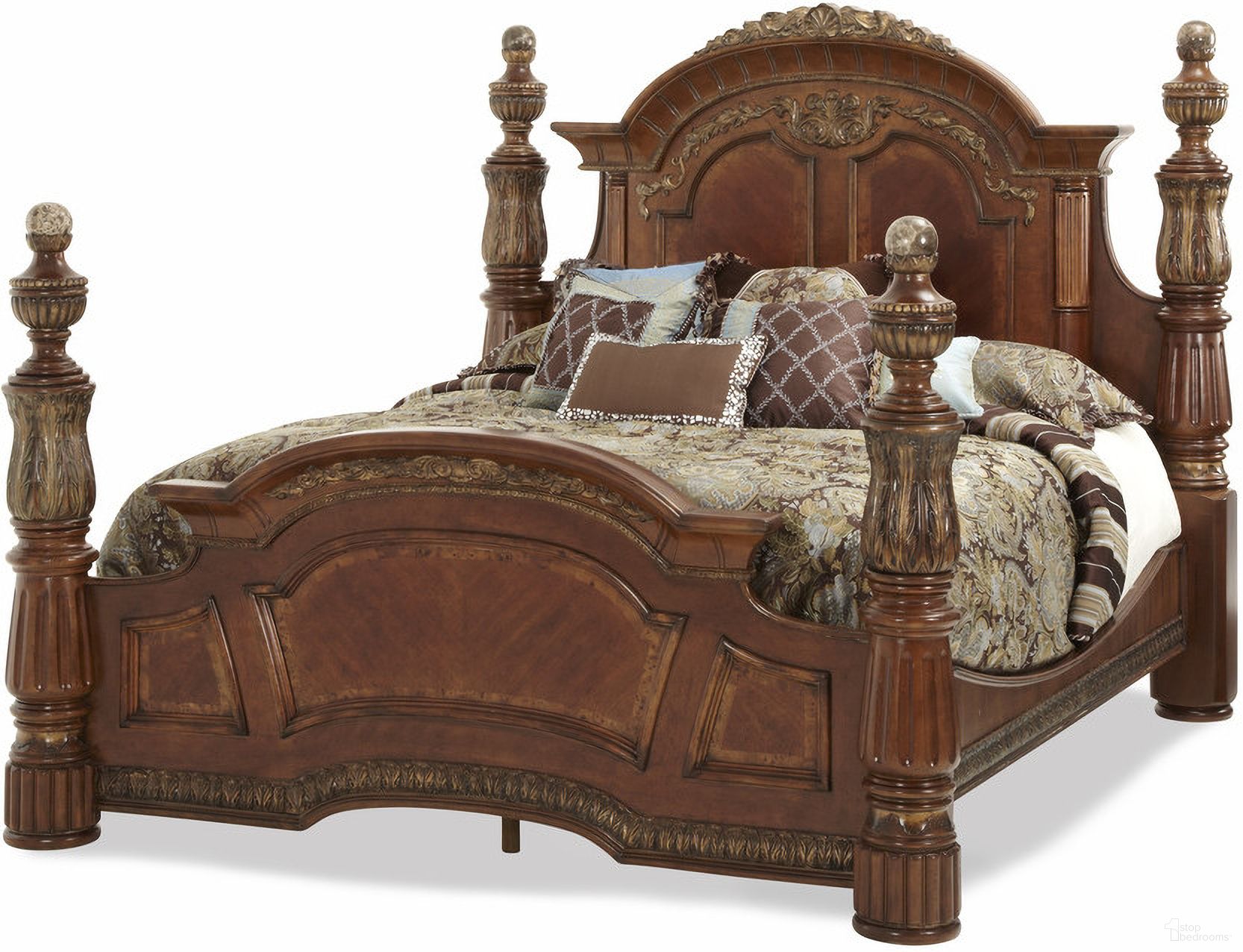 The appearance of Villa Valencia Grande Marble King Low Poster Bed designed by Michael Amini in the traditional interior design. This chestnut piece of furniture was selected by 1StopBedrooms from Villa Valencia Collection to add a touch of cosiness and style into your home. Sku: 72000EKP-55. Bed Type: Poster Bed. Material: Wood. Bed Size: King.