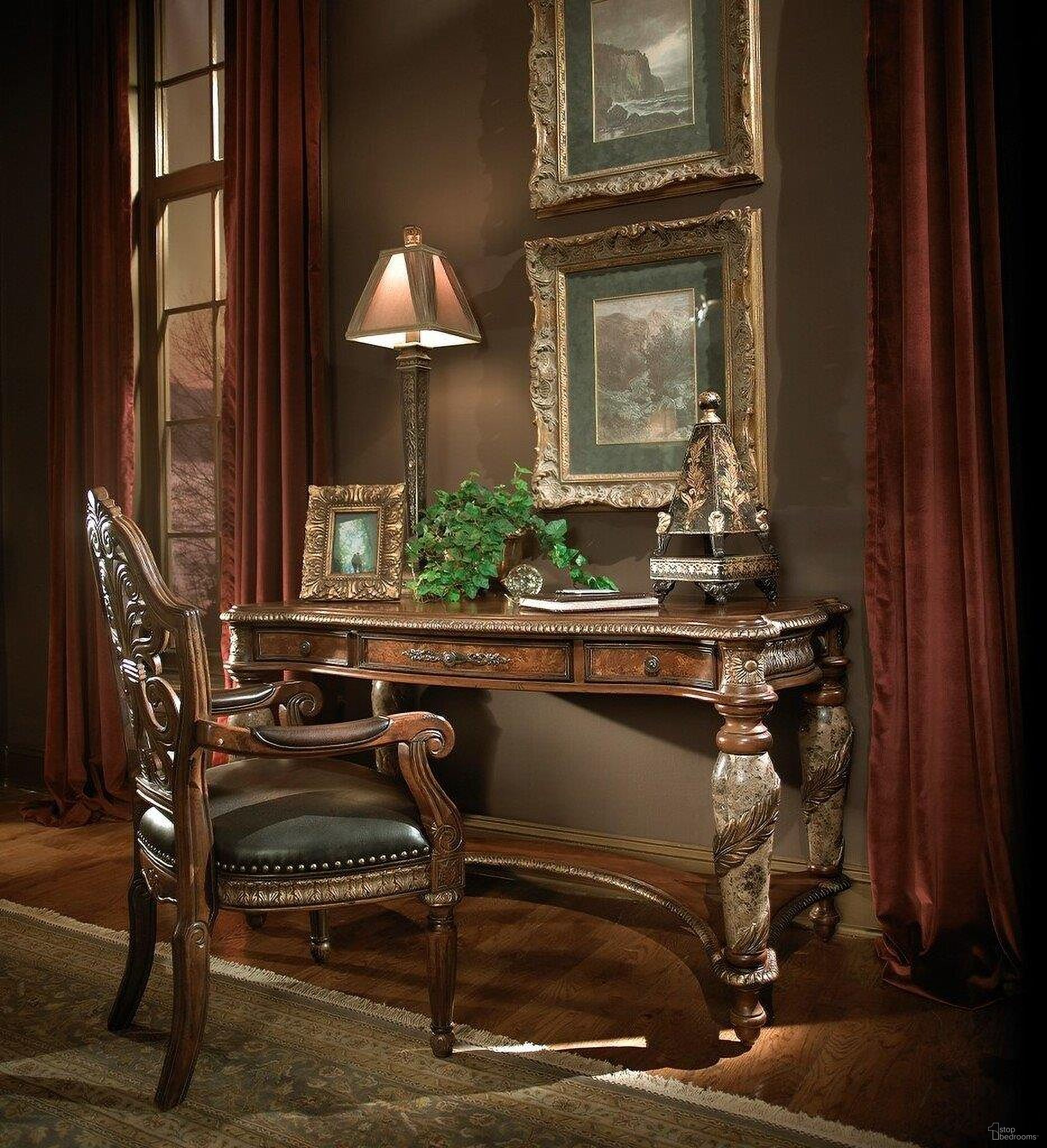 The appearance of Villa Valencia Home Office Set In Chestnut designed by Michael Amini in the traditional interior design. This chestnut piece of furniture was selected by 1StopBedrooms from Villa Valencia Collection to add a touch of cosiness and style into your home. Sku: 72277T-55;72277B-55;72044-55. Material: Wood.