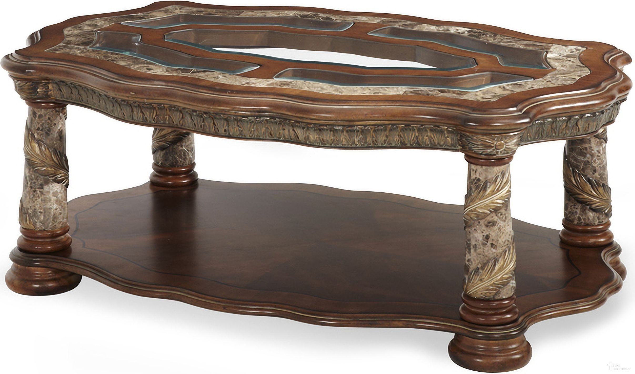 The appearance of Villa Valencia Cocktail Table In Chestnut designed by Michael Amini in the traditional interior design. This chestnut piece of furniture  was selected by 1StopBedrooms from Villa Valencia Collection to add a touch of cosiness and style into your home. Sku: 72201C-55;72201T-55. Material: Wood.
