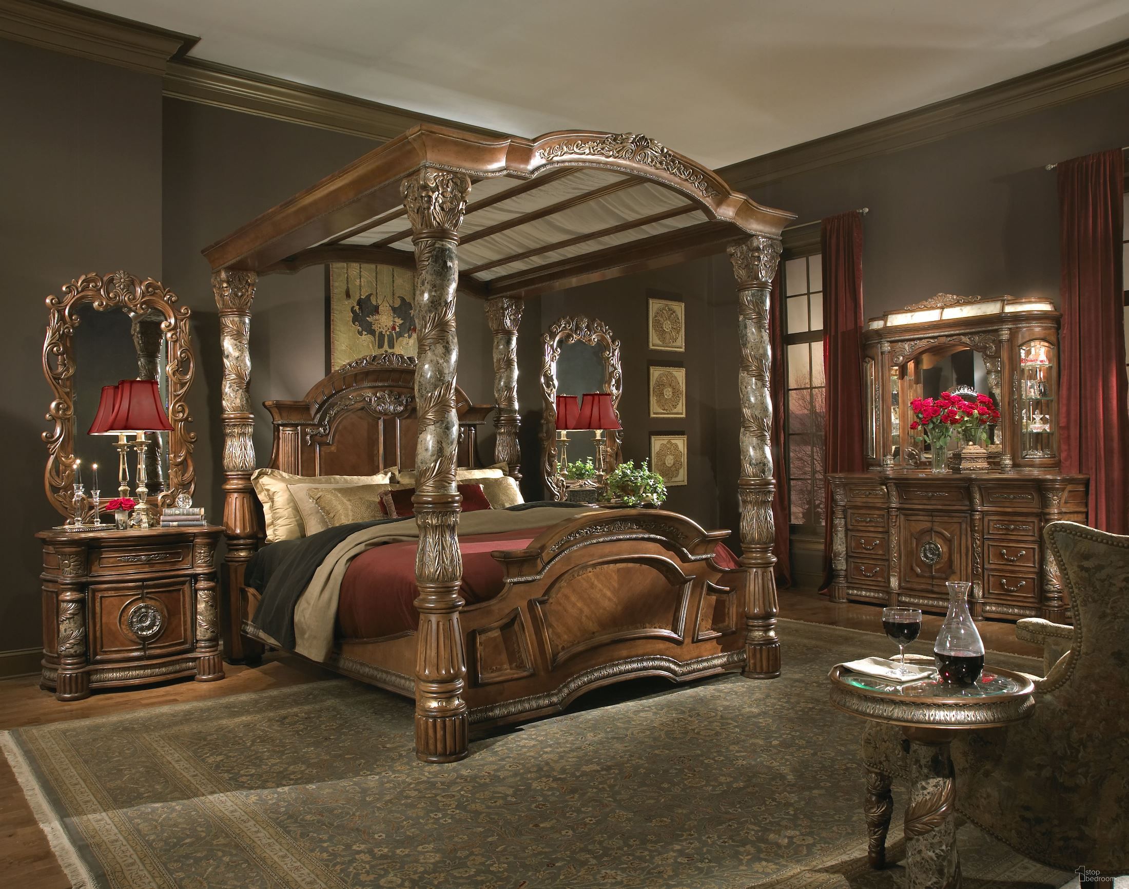 The appearance of Villa Valencia Canopy Bedroom Set designed by Michael Amini in the traditional interior design. This brown piece of furniture was selected by 1StopBedrooms from Villa Valencia Collection to add a touch of cosiness and style into your home. Sku: 72015T-55;72015B-55;72025-55;72035-55;72135-55;72315-55;72325-55;72040-55. Bed Type: Poster Bed. Material: Wood. Bed Size: California King.