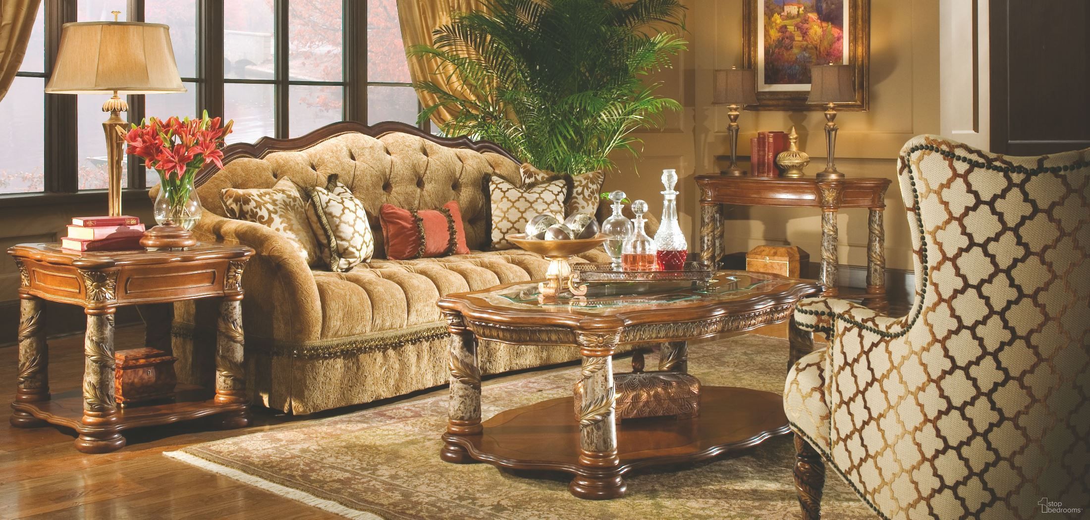 The appearance of Villa Valencia Chestnut Occasional Table Set designed by Michael Amini in the traditional interior design. This brown piece of furniture was selected by 1StopBedrooms from Villa Valencia Collection to add a touch of cosiness and style into your home. Sku: 72201C-55;72201T-55;72222-55. Material: Wood.