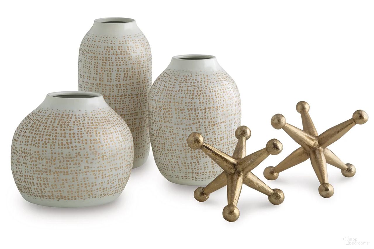 The appearance of Vinburn Accessory Set Set of 5 In White and Gold designed by Signature Design by Ashley in the modern / contemporary interior design. This white/gold piece of furniture was selected by 1StopBedrooms from Vinburn Collection to add a touch of cosiness and style into your home. Sku: A2C00213. Material: Metal.