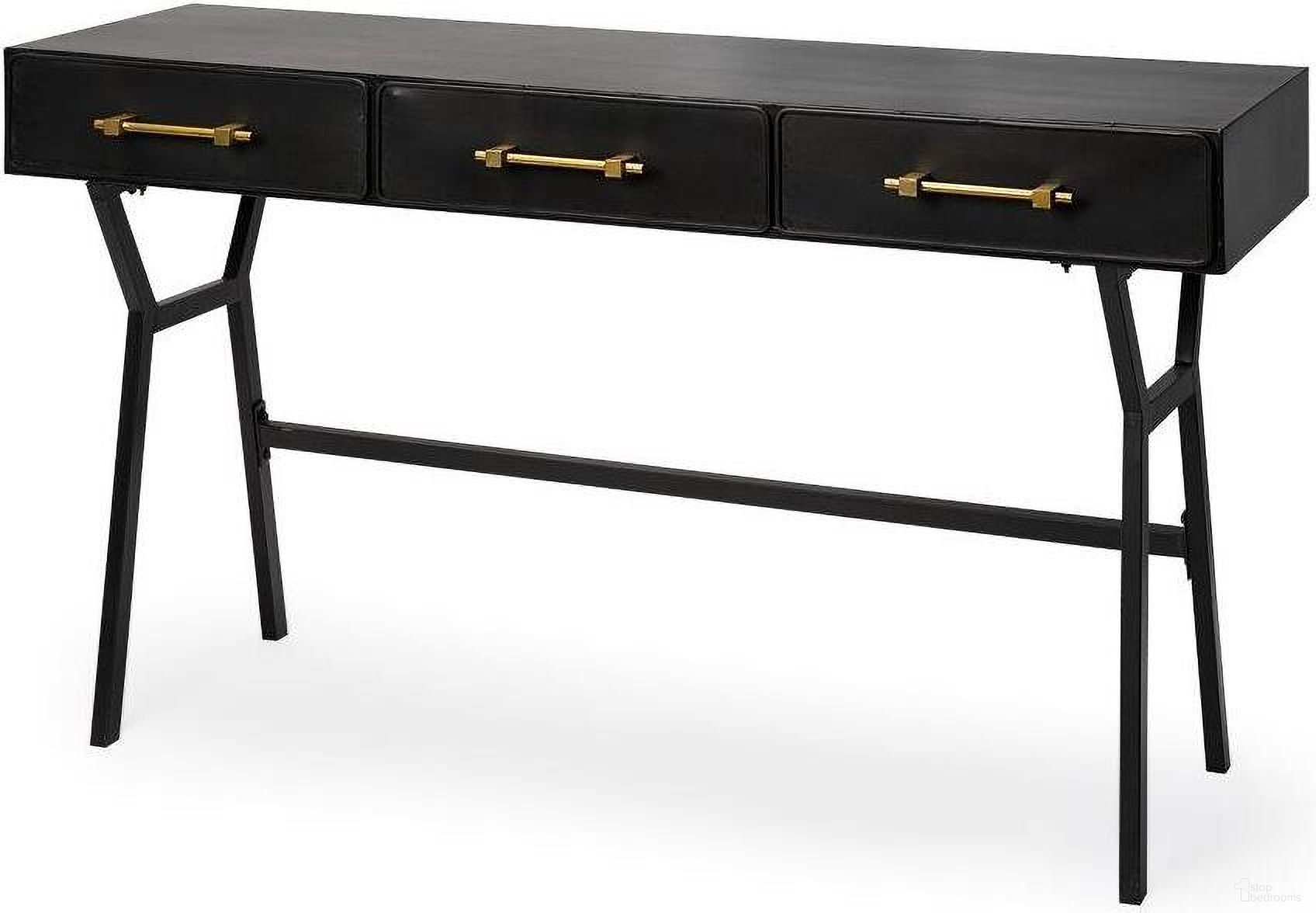 The appearance of Vince Black Metal With Gold Accents 3 Drawer Office Desk designed by Mercana in the industrial interior design. This black and gold piece of furniture  was selected by 1StopBedrooms from Vince Collection to add a touch of cosiness and style into your home. Sku: 68443. Material: Metal.