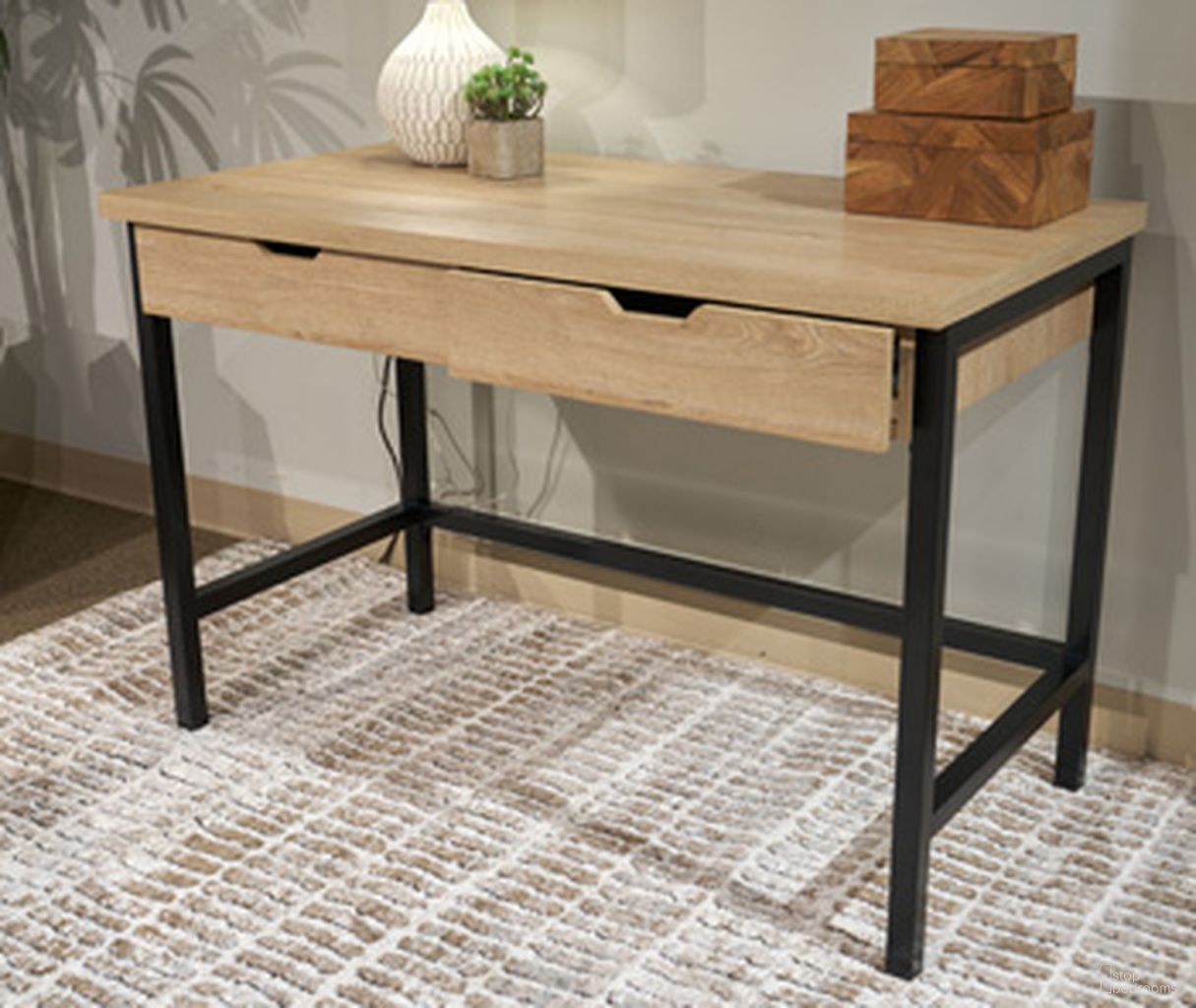 The appearance of Vine Valley 46 Inch Home Office Desk In Light Brown designed by Signature Design by Ashley in the modern / contemporary interior design. This light brown piece of furniture was selected by 1StopBedrooms from Vine Valley Collection to add a touch of cosiness and style into your home. Sku: H314-27. Material: Wood.
