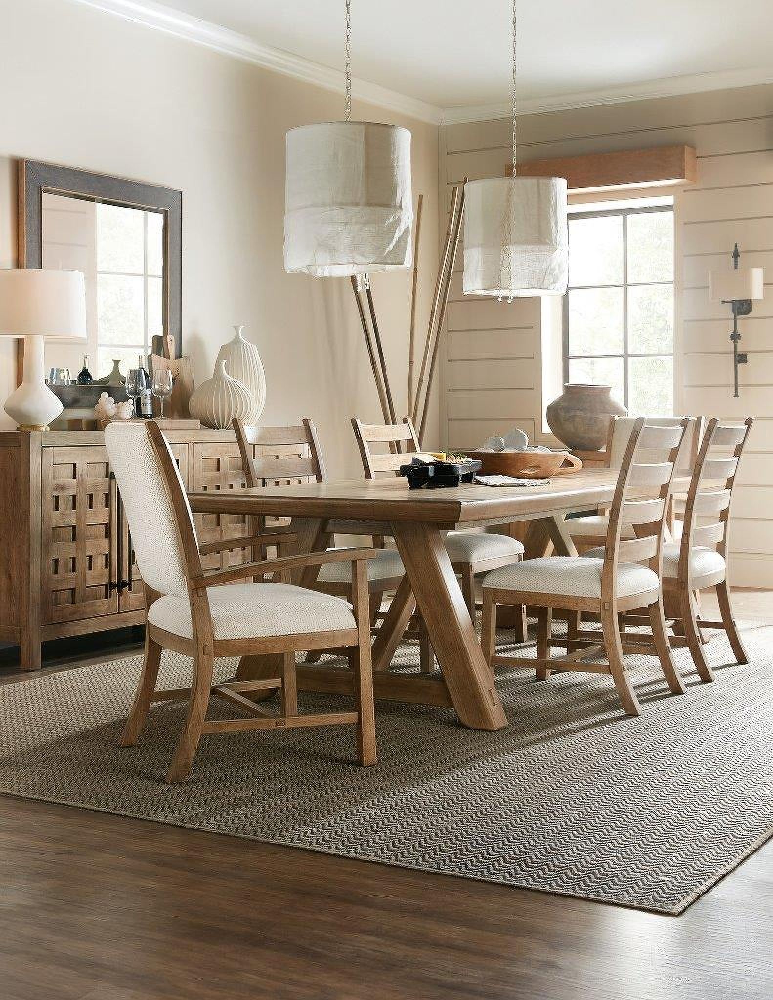 The appearance of Vineyard Row Dining Room Set In Light Wood designed by Hooker in the transitional interior design. This light wood piece of furniture  was selected by 1StopBedrooms from Vineyard Row Collection to add a touch of cosiness and style into your home. Sku: 6952-75217-80;6952-75410-80;6952-75410-80;6952-75410-80;6952-75410-80. Table Base Style: Trestle. Table Top Shape: Rectangular. Material: Veneer. Size: 44" x 92".
