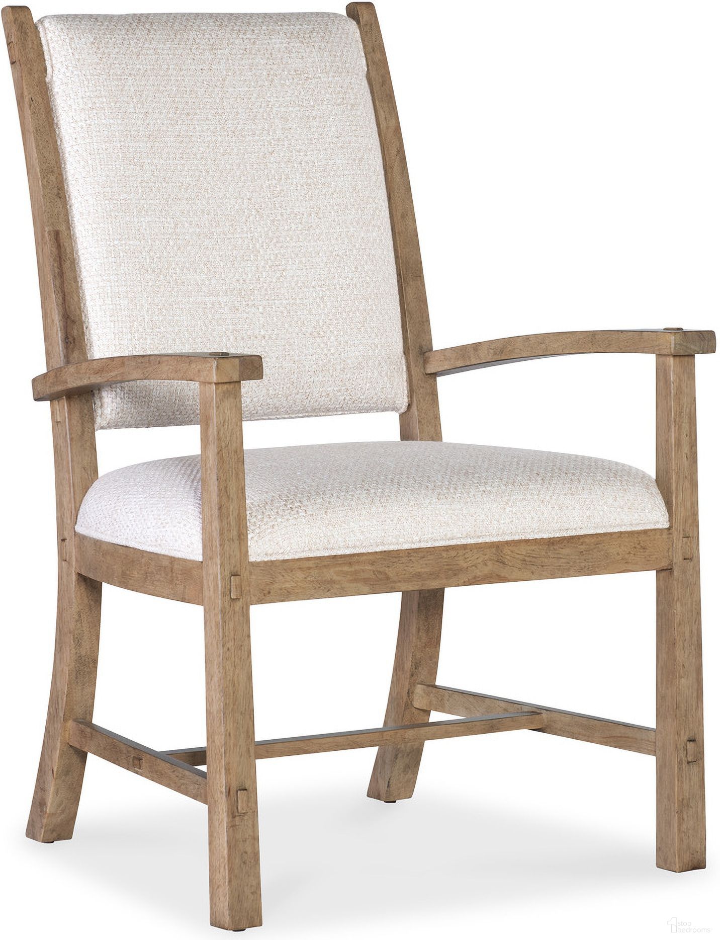 The appearance of Vineyard Row Post Back Upholstered Arm Chair In Beige designed by Hooker in the transitional interior design. This beige piece of furniture  was selected by 1StopBedrooms from Vineyard Row Collection to add a touch of cosiness and style into your home. Sku: 6952-75400-80. Material: Wood. Chair Type: Arm Chair.