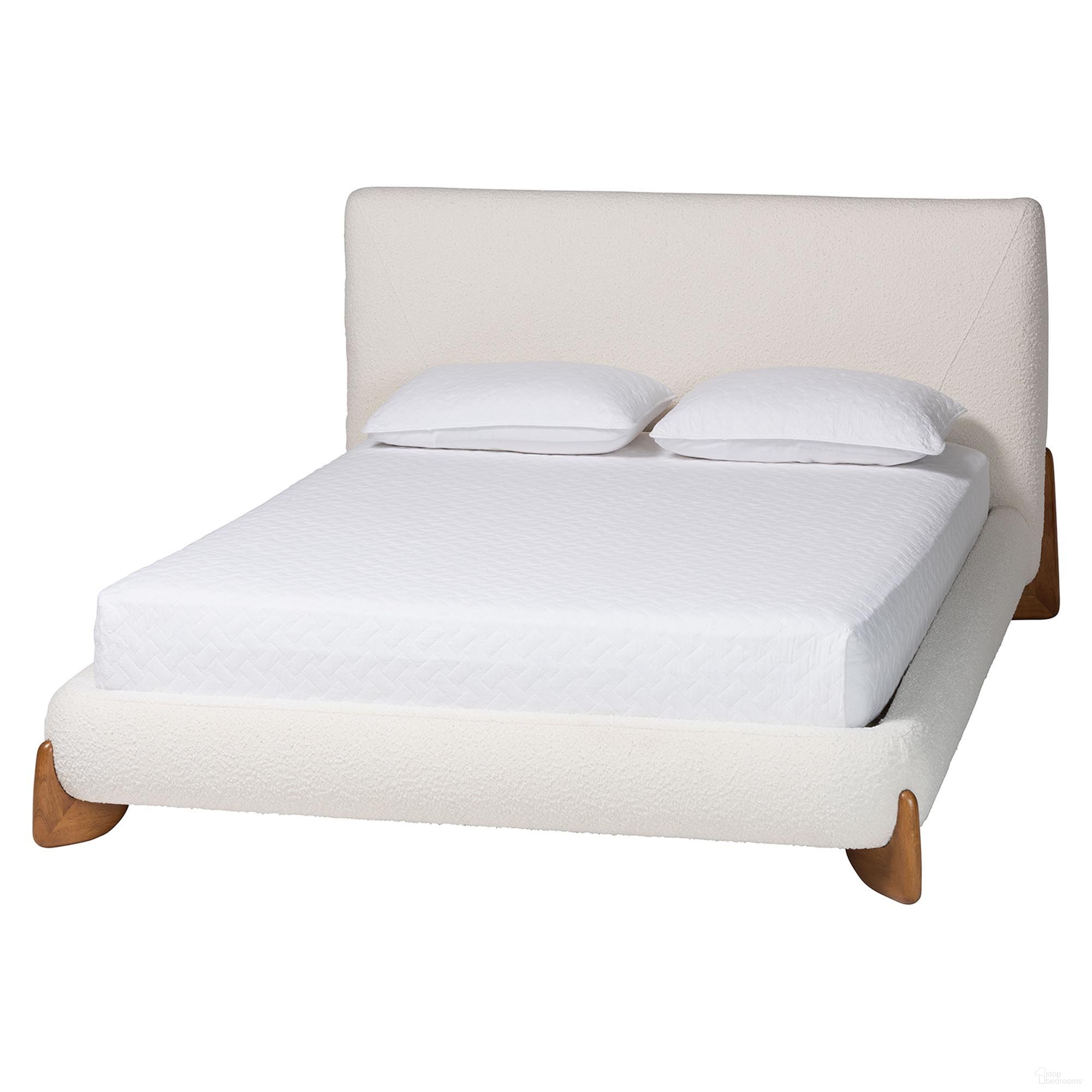 Vinicio Boucle Queen Platform Bed In Cream and Walnut Brown