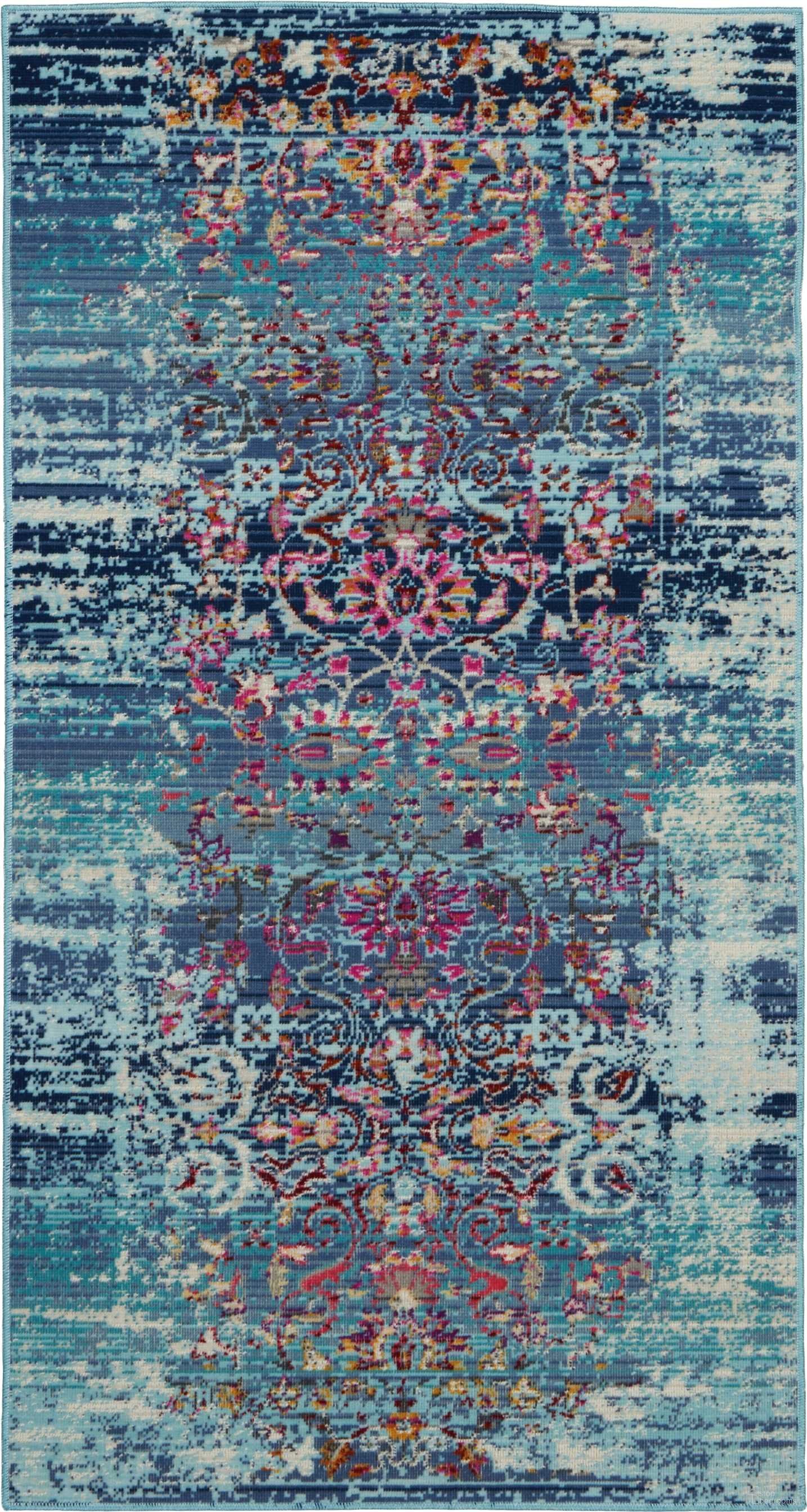 Vintage Kashan 2' x 4' Area Rug In Blue and Multicolor