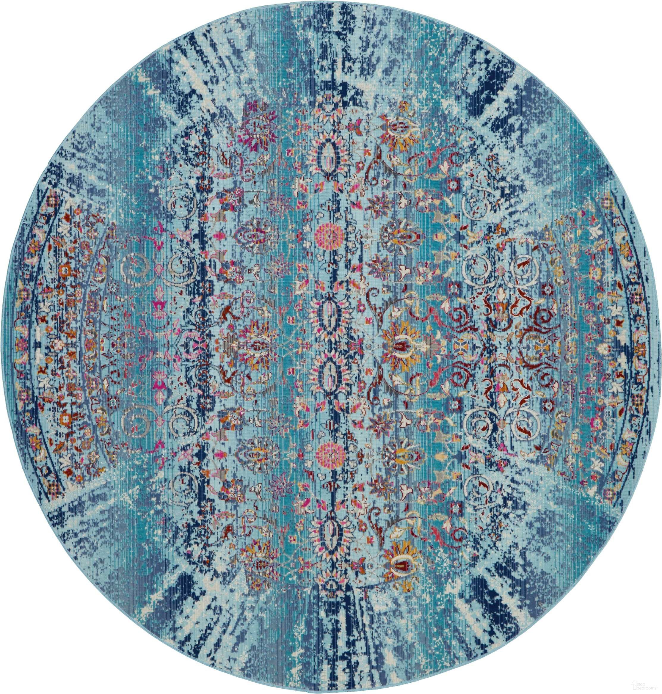 Vintage Kashan 4' x 4' Round Area Rug In Blue and Multicolor