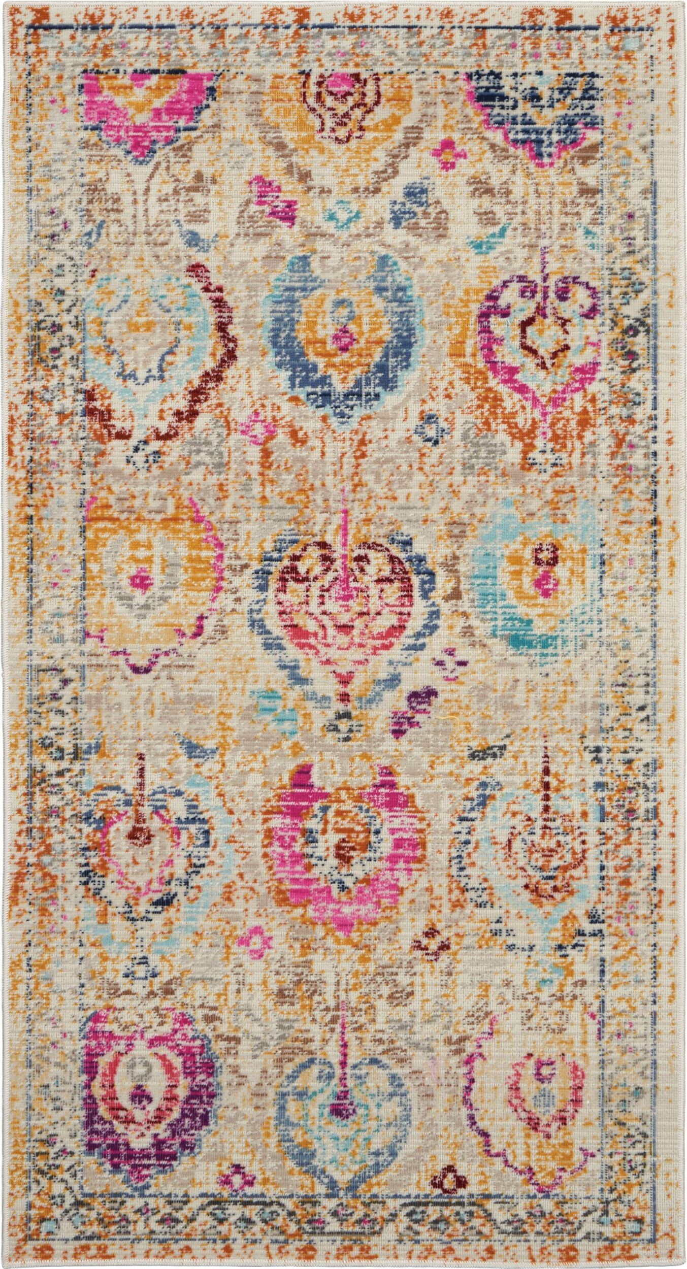 Vintage Kashan Ivory and Multicolor 2' x 4' Area Rug