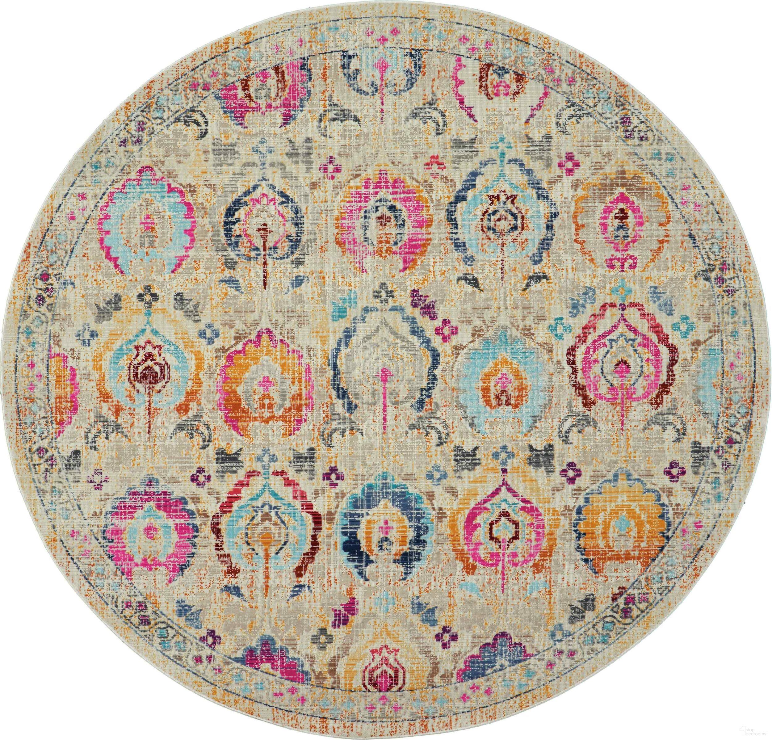 Vintage Kashan Ivory and Multicolor 4' x 4' Round Area Rug