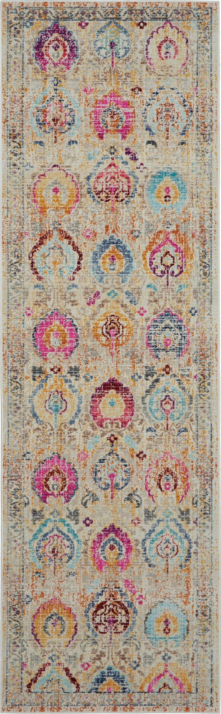 Vintage Kashan Ivory and Multicolor 2'4" x 8' Runner Area Rug