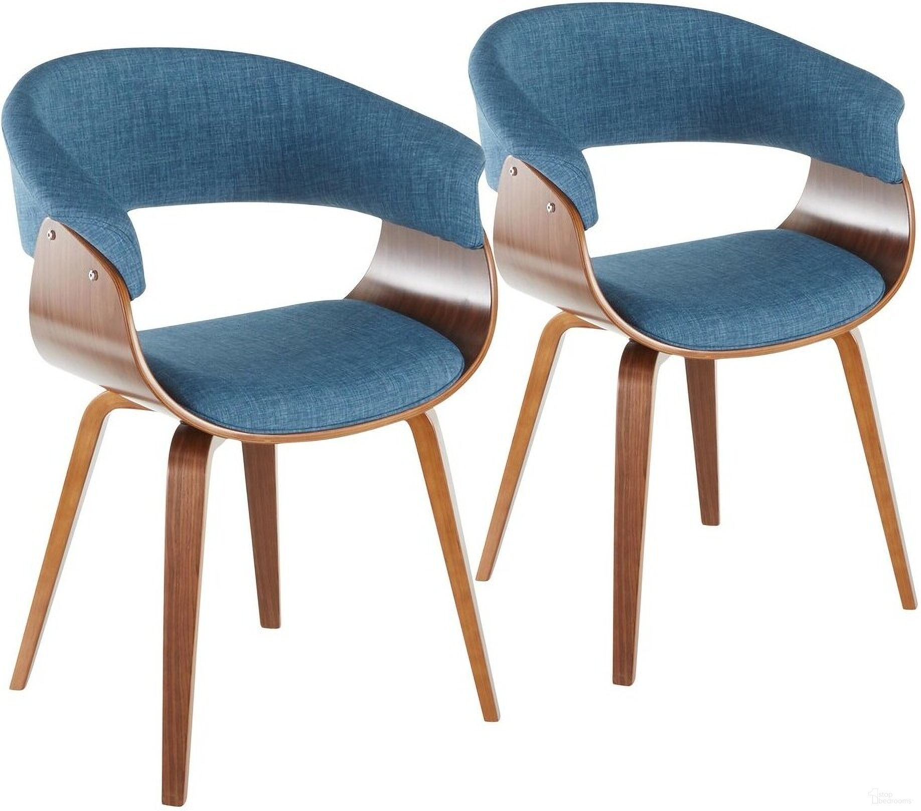 The appearance of Vintage Mod Chair Set of 2 In Blue designed by Lumisource in the transitional interior design. This blue piece of furniture  was selected by 1StopBedrooms from Vintage Mod Collection to add a touch of cosiness and style into your home. Sku: CH-VMO-HLBW2 WLWLBU2. Material: Wood. Chair Type: Arm Chair.