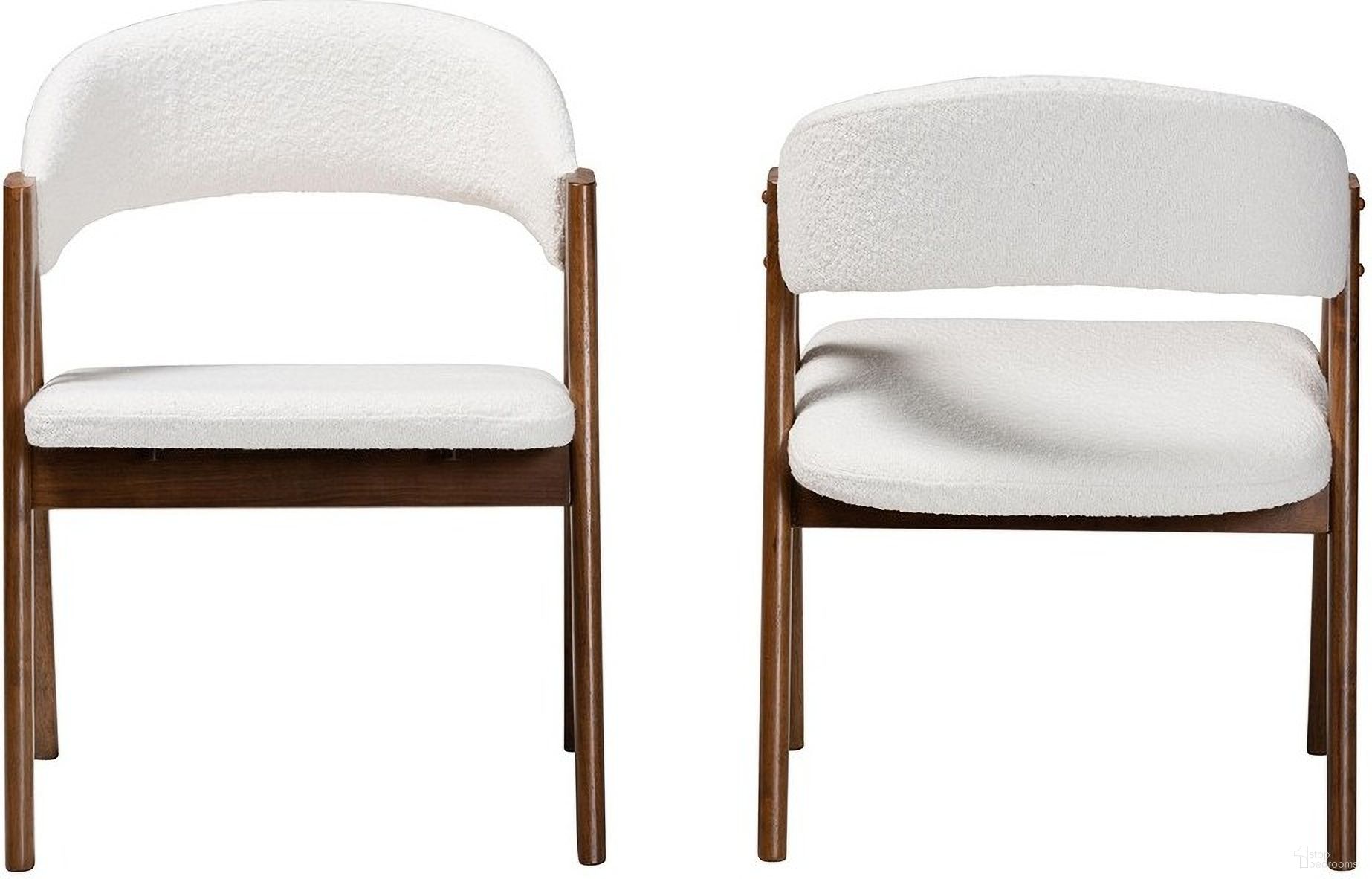 The appearance of Virden Boucle Upholstered Dining Chair Set of 2 In White and Brown designed by Baxton Studio in the modern / contemporary interior design. This white and brown piece of furniture  was selected by 1StopBedrooms from Virden Collection to add a touch of cosiness and style into your home. Sku: Virden-White Boucle/Walnut-DC. Material: Rubberwood. Chair Type: Arm Chair.