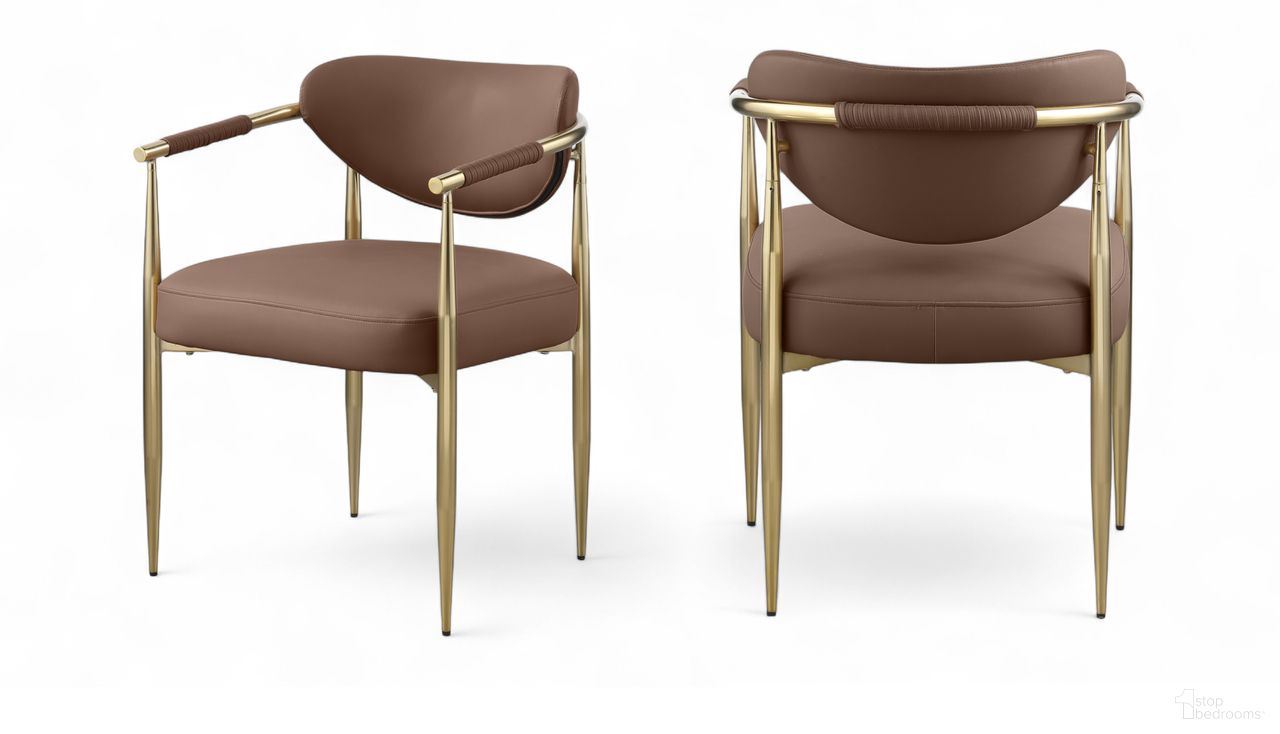 Virella Vegan Leather Upholstered Dining Chair Set of 2 In Brown and Brushed Brass