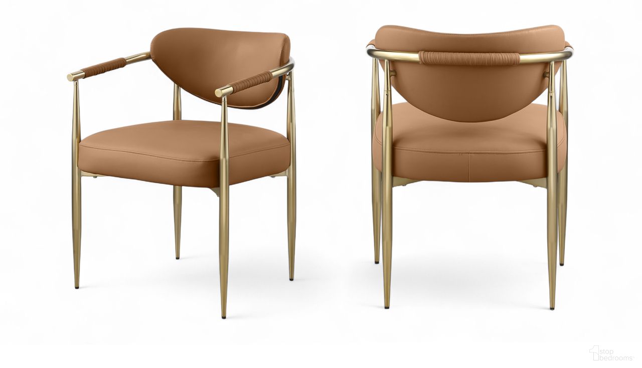 The appearance of Virella Vegan Leather Upholstered Dining Chair Set of 2 In Cognac and Brushed Brass designed by Meridian in the modern / contemporary interior design. This cognac/brushed brass piece of furniture was selected by 1StopBedrooms from Virella Collection to add a touch of cosiness and style into your home. Sku: 817Cognac-C. Chair Type: Arm Chair. Material: Vegan Leather.