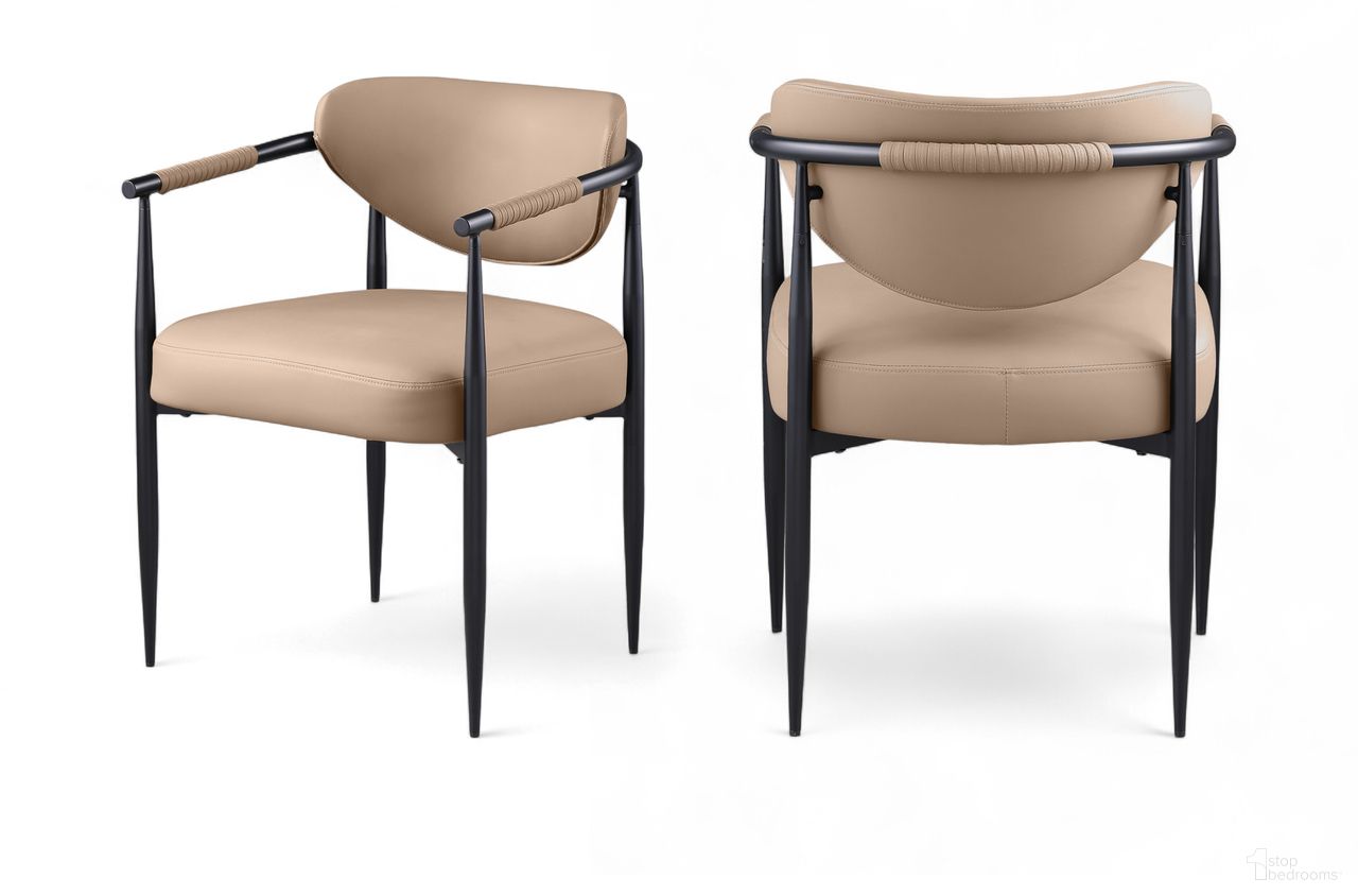 The appearance of Virella Vegan Leather Upholstered Dining Chair Set of 2 In Tan and Matte Black designed by Meridian in the modern / contemporary interior design. This tan/matte black piece of furniture  was selected by 1StopBedrooms from Virella Collection to add a touch of cosiness and style into your home. Sku: 829Tan-C. Chair Type: Arm Chair. Material: Vegan Leather.