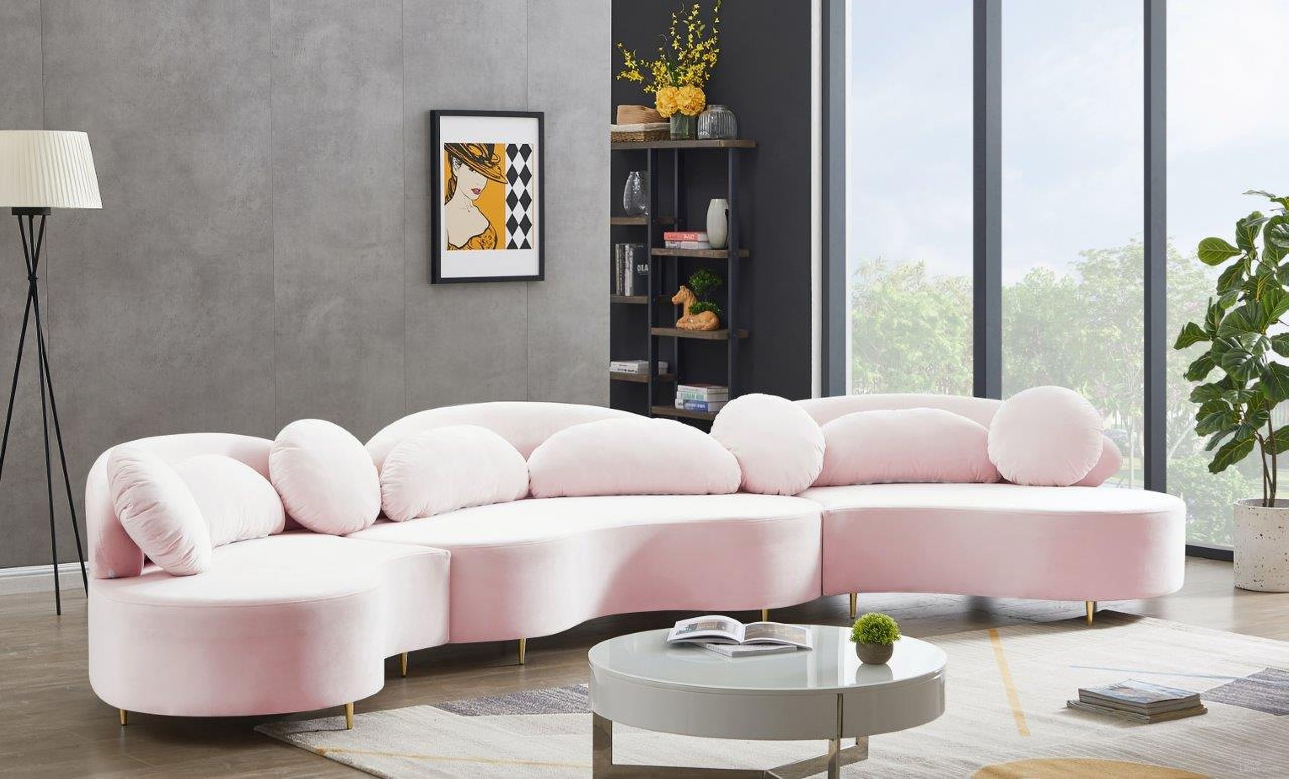 The appearance of Vivacious 3-Piece Velvet Sectional In Pink designed by Meridian in the modern / contemporary interior design. This pink piece of furniture was selected by 1StopBedrooms from Vivacious Collection to add a touch of cosiness and style into your home. Sku: 632Pink-Sectional Box 1/3 (Left Chaise Carton);632Pink-Sectional Box 2/3 (Middle Loveseat Carton);632Pink-Sectional Box 3/3 (Right Chaise). Material: Velvet. Layout: Curved.